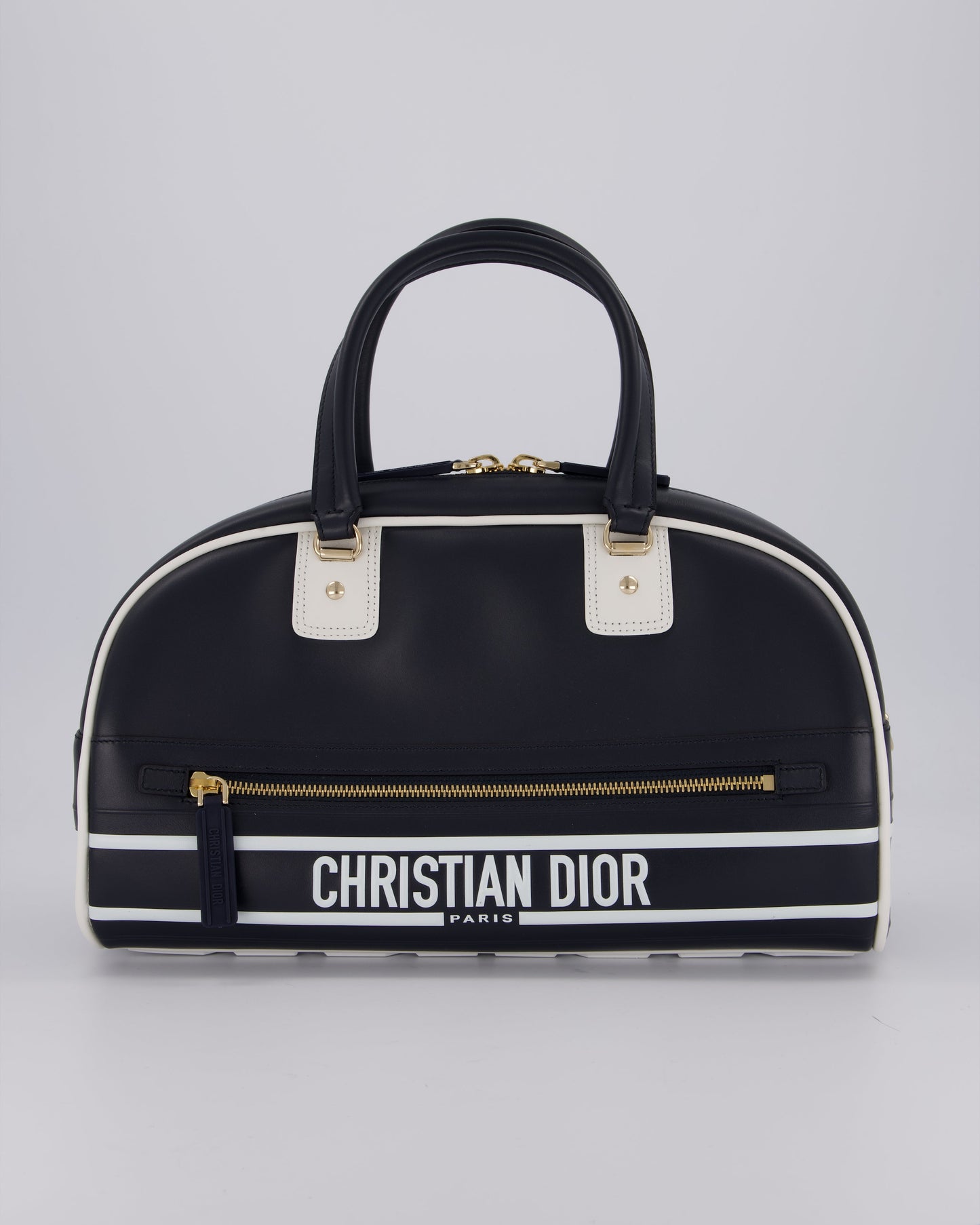 Christian Dior Vibe Bowling Bag in Navy Blue Calfskin Leather with Gold Hardware