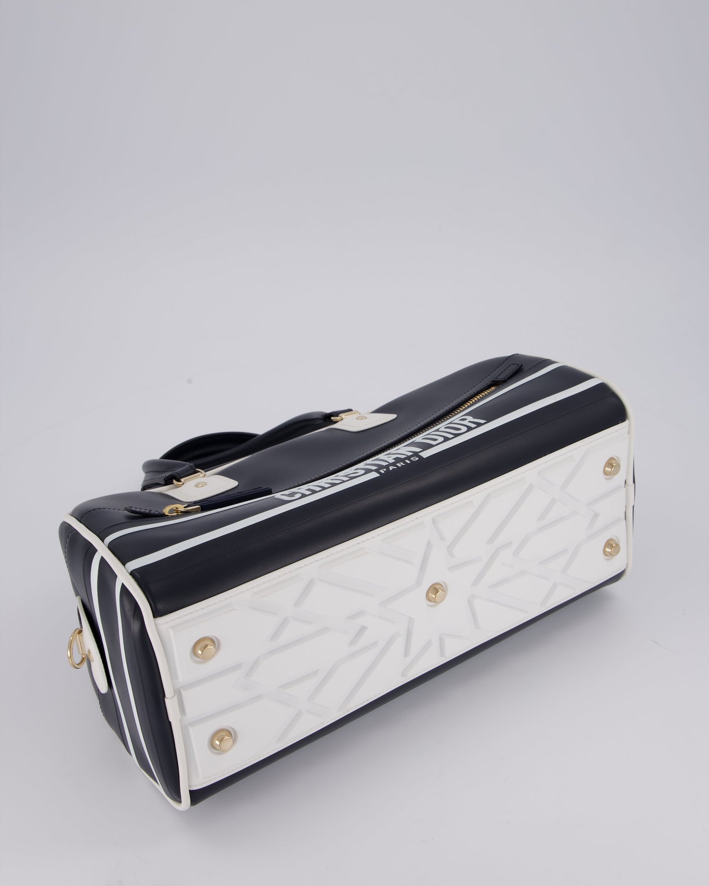 Christian Dior Vibe Bowling Bag in Navy Blue Calfskin Leather with Gold Hardware