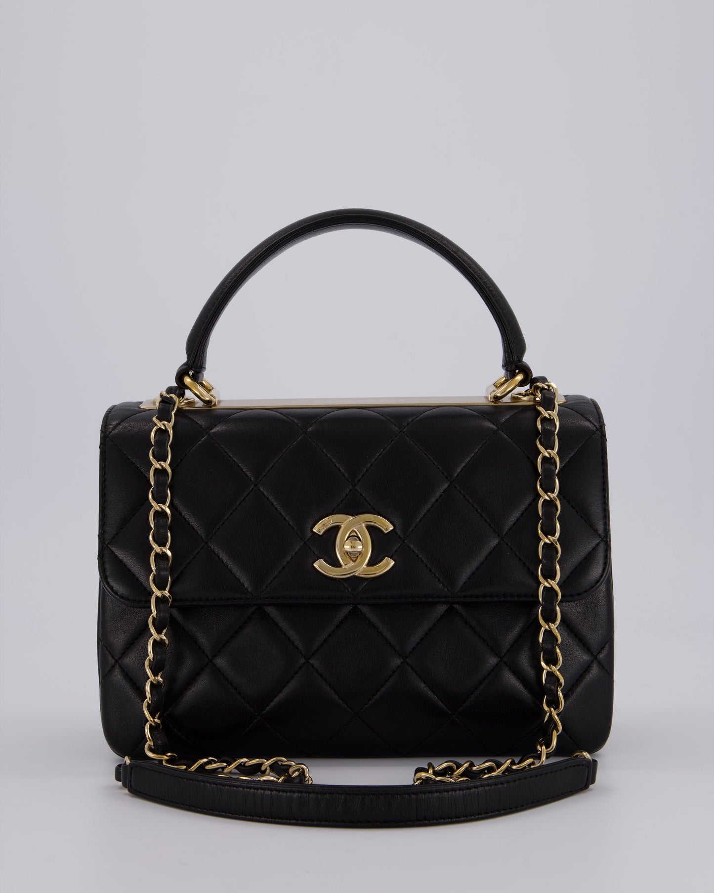 Chanel Black Small Trendy CC Top Handle Flap Bag in Quilted Lambskin Leather with Champagne Gold Hardware
