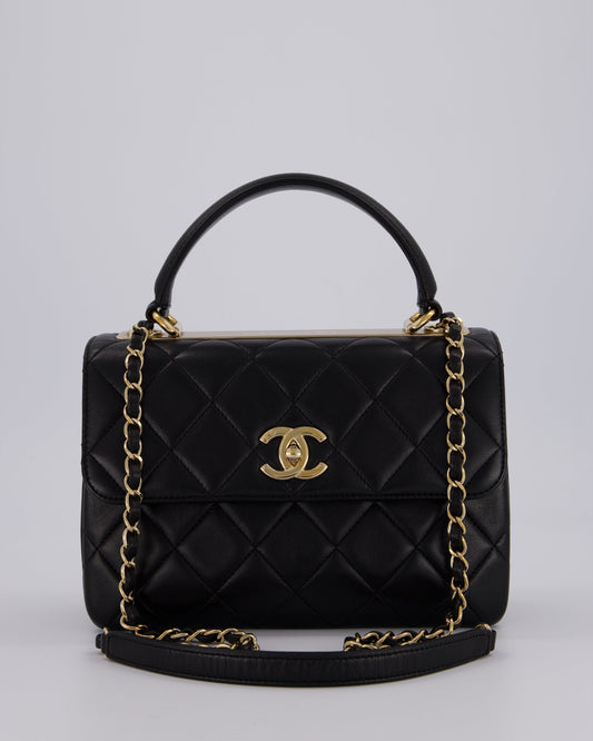 Chanel Black Small Trendy CC Top Handle Flap Bag in Quilted Lambskin Leather with Champagne Gold Hardware