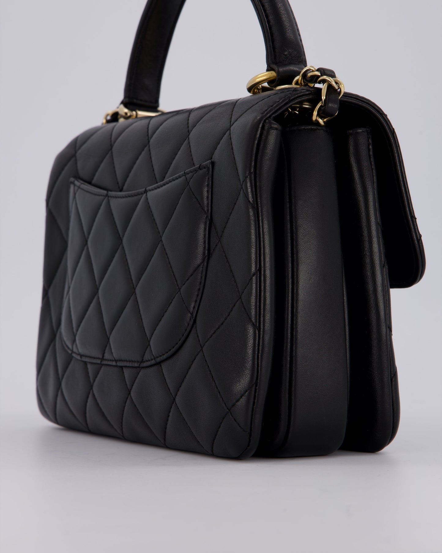 Chanel Black Small Trendy CC Top Handle Flap Bag in Quilted Lambskin Leather with Champagne Gold Hardware
