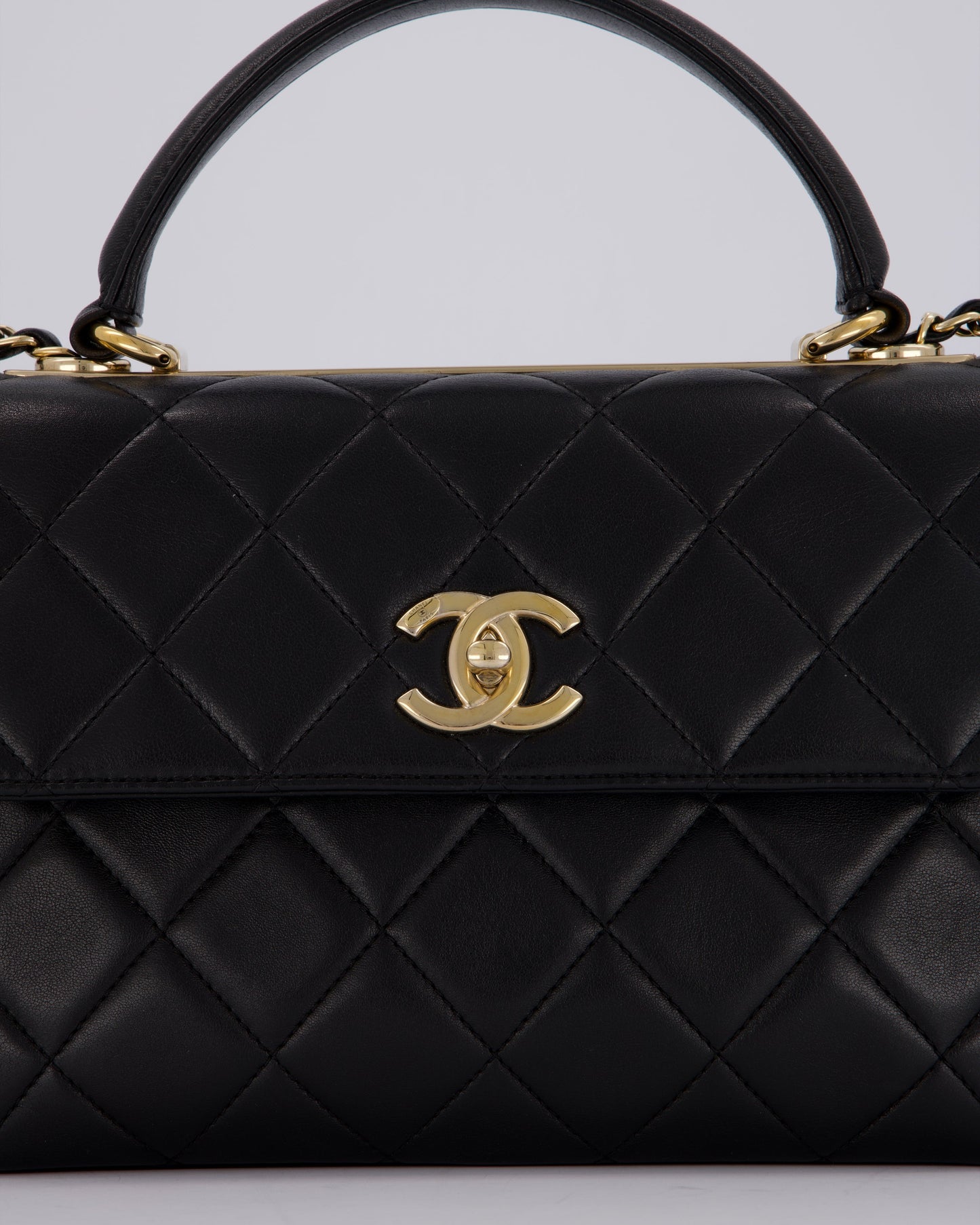 Chanel Black Small Trendy CC Top Handle Flap Bag in Quilted Lambskin Leather with Champagne Gold Hardware