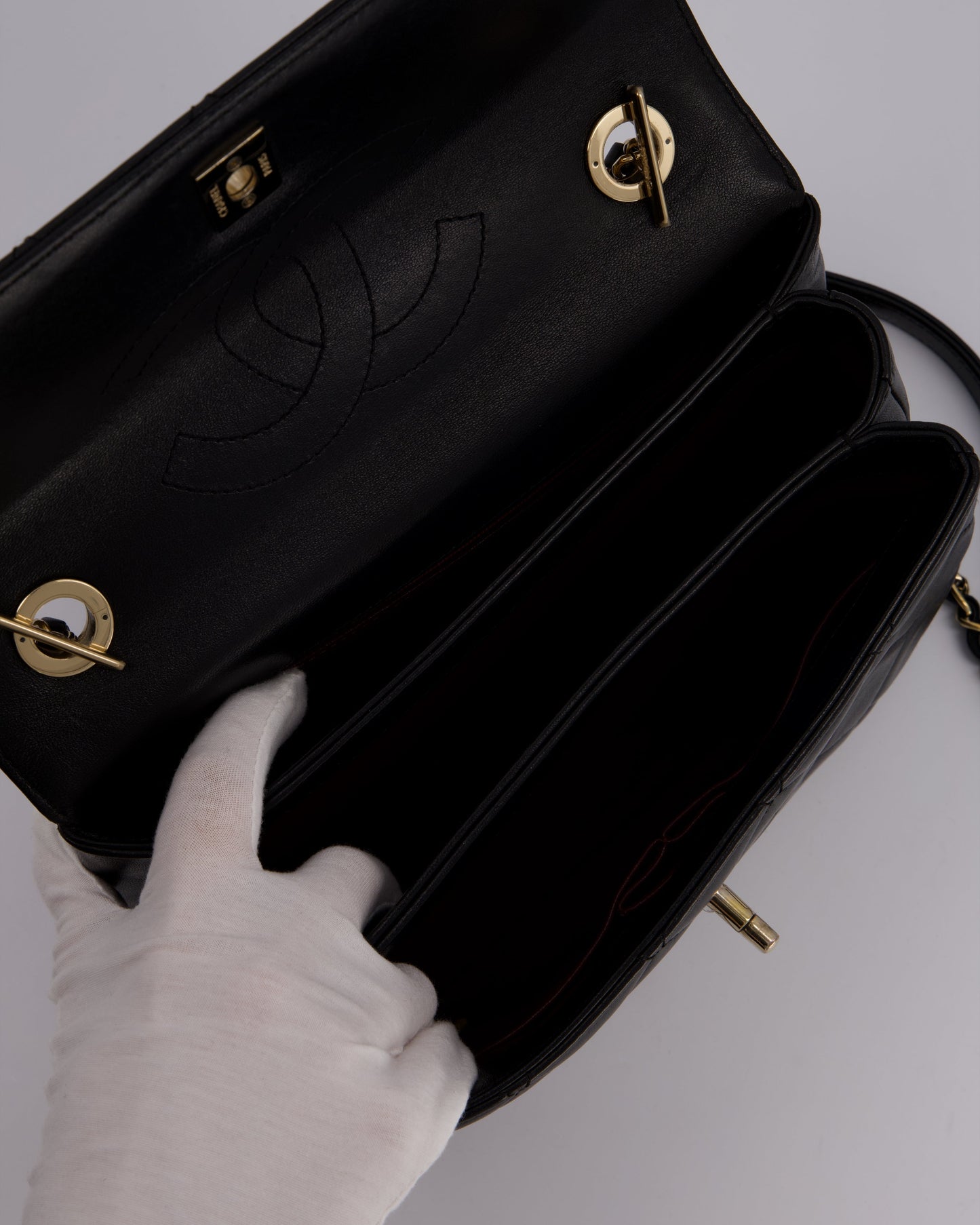 Chanel Black Small Trendy CC Top Handle Flap Bag in Quilted Lambskin Leather with Champagne Gold Hardware