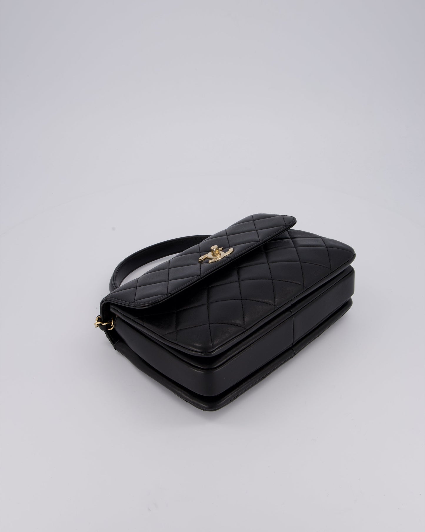 Chanel Black Small Trendy CC Top Handle Flap Bag in Quilted Lambskin Leather with Champagne Gold Hardware