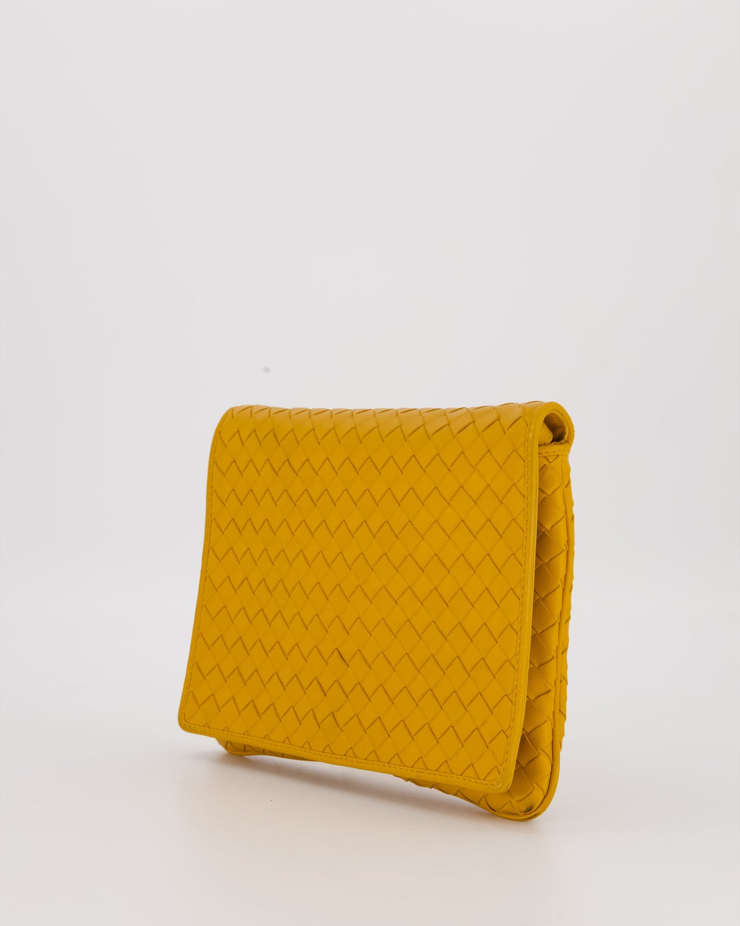 Bottega Veneta Crossbody Flap Bag on Strap in Mustard Yellow Intrecciato Leather with Gold Hardware