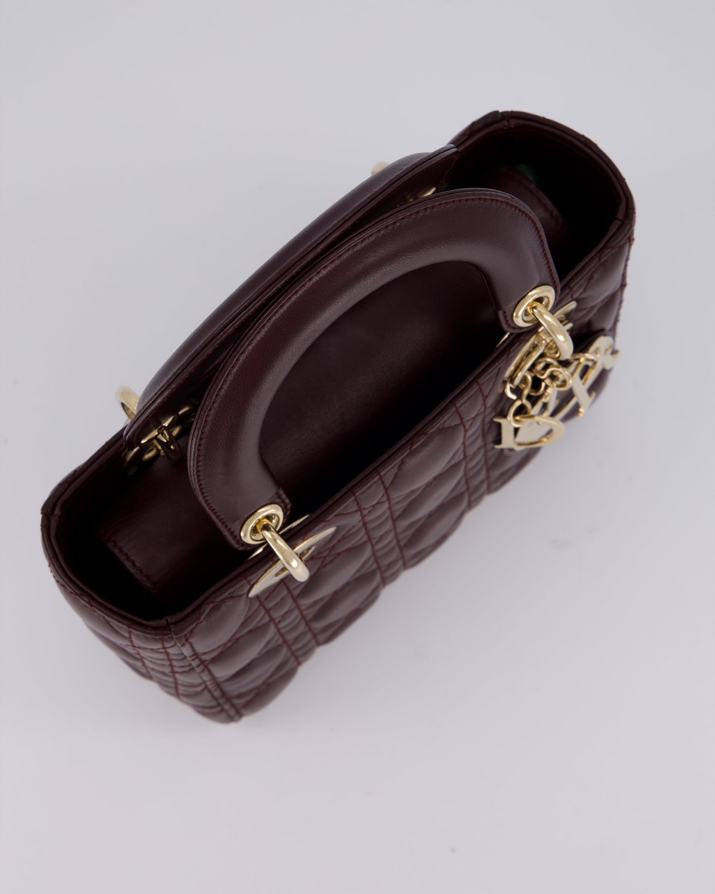 Christian Dior Aubergine Burgundy Small Lady Dior in Lambskin Leather with Champagne Gold Hardware