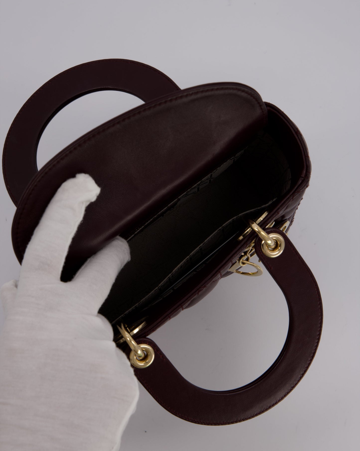 Christian Dior Aubergine Burgundy Small Lady Dior in Lambskin Leather with Champagne Gold Hardware