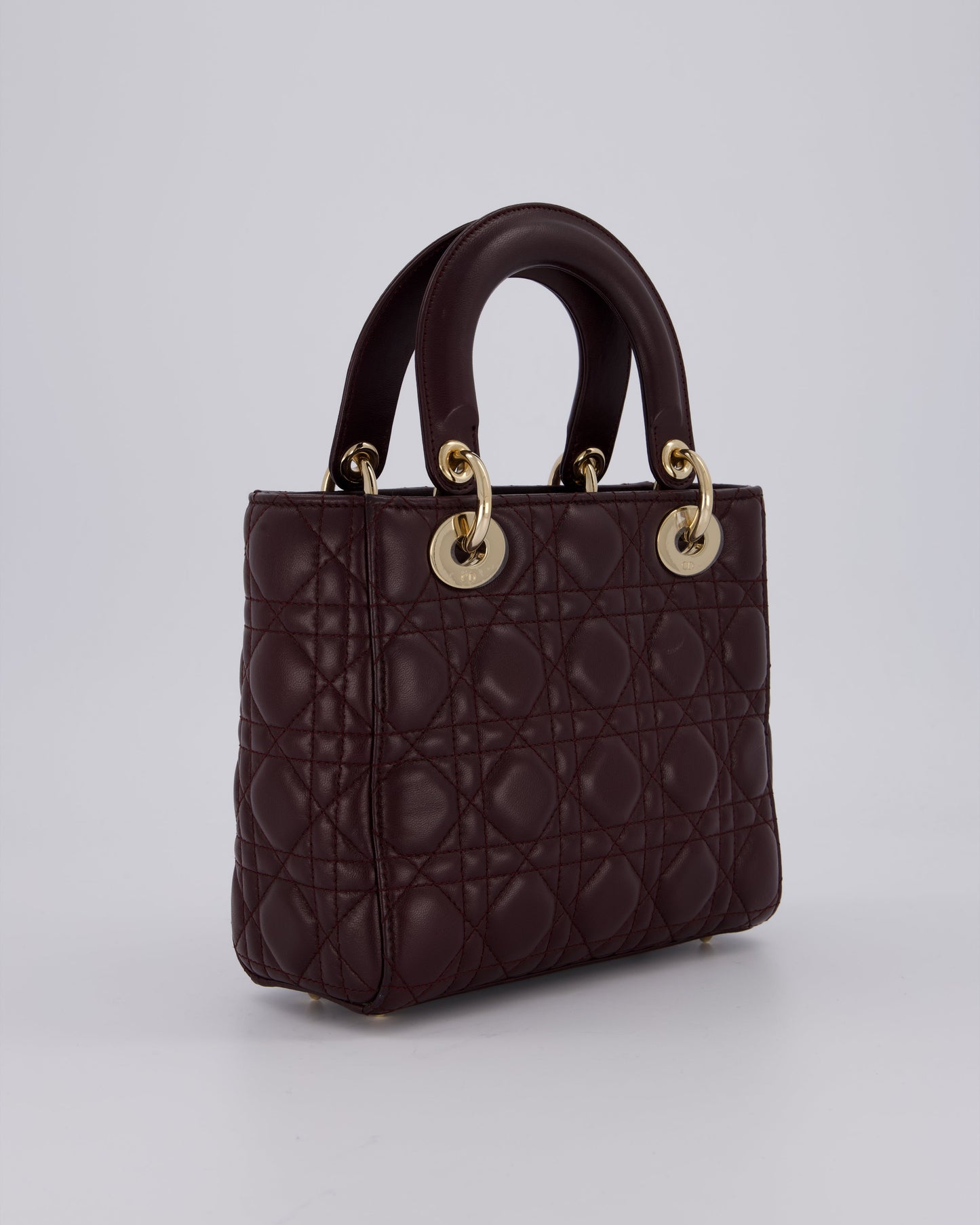 Christian Dior Aubergine Burgundy Small Lady Dior in Lambskin Leather with Champagne Gold Hardware