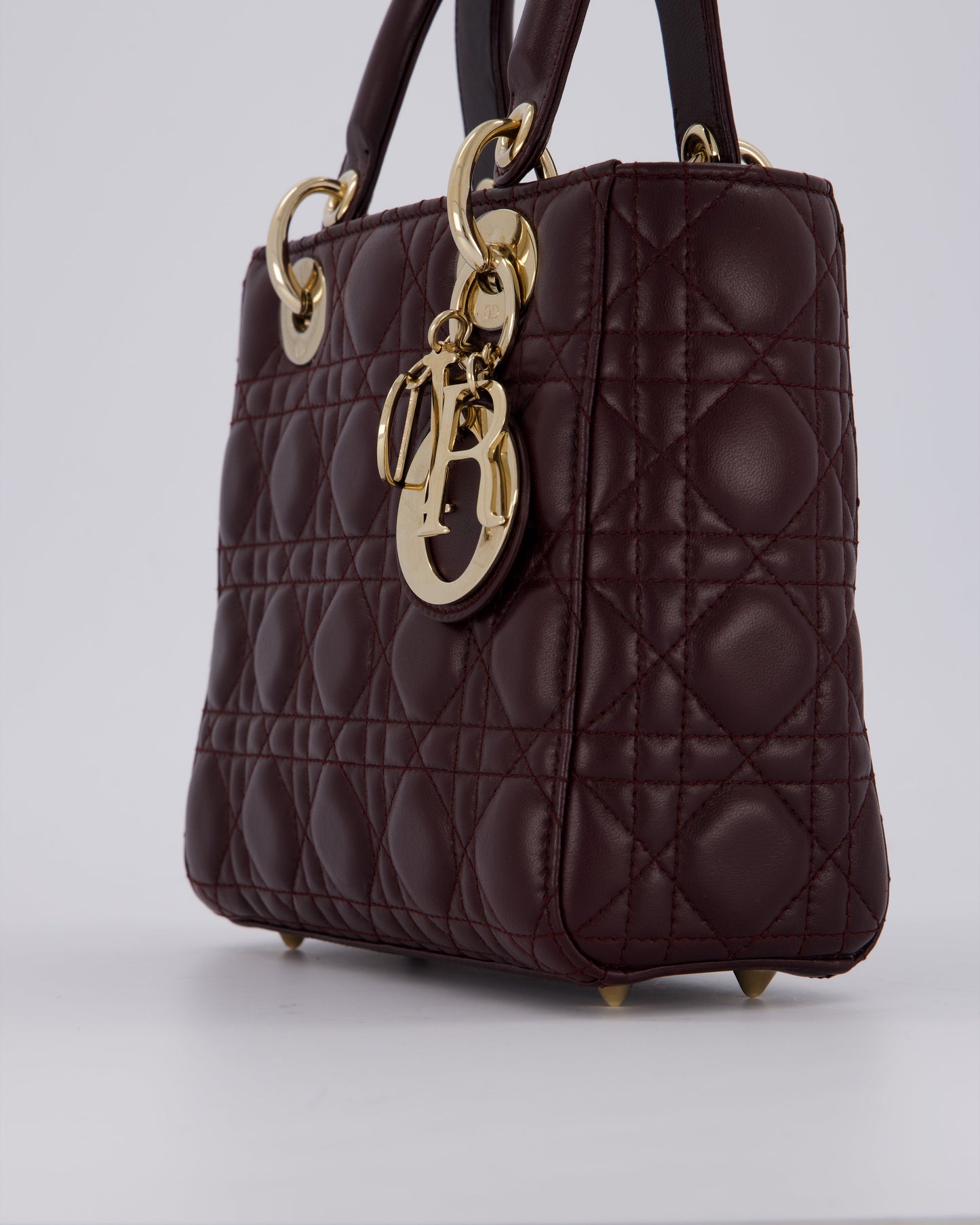 Christian Dior Aubergine Burgundy Small Lady Dior in Lambskin Leather with Champagne Gold Hardware