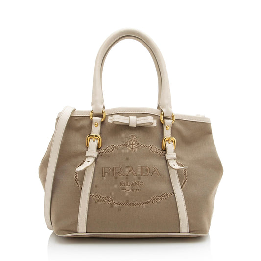 Prada Canvas Jacquard Logo Convertible Medium Tote - Rovelle Bags