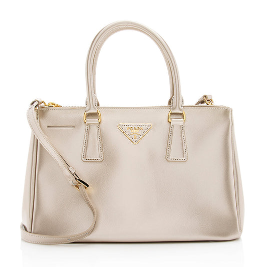 Prada Metallic Saffiano Lux Small Double Zip Tote - Rovelle Bags