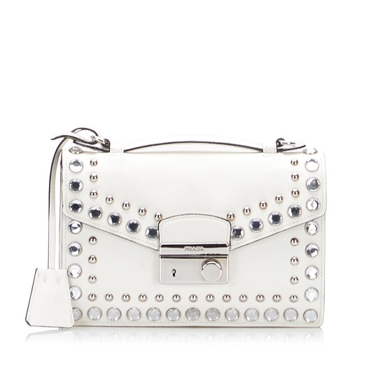Prada Studded Saffiano Sound Lock Satchel - Rovelle Bags