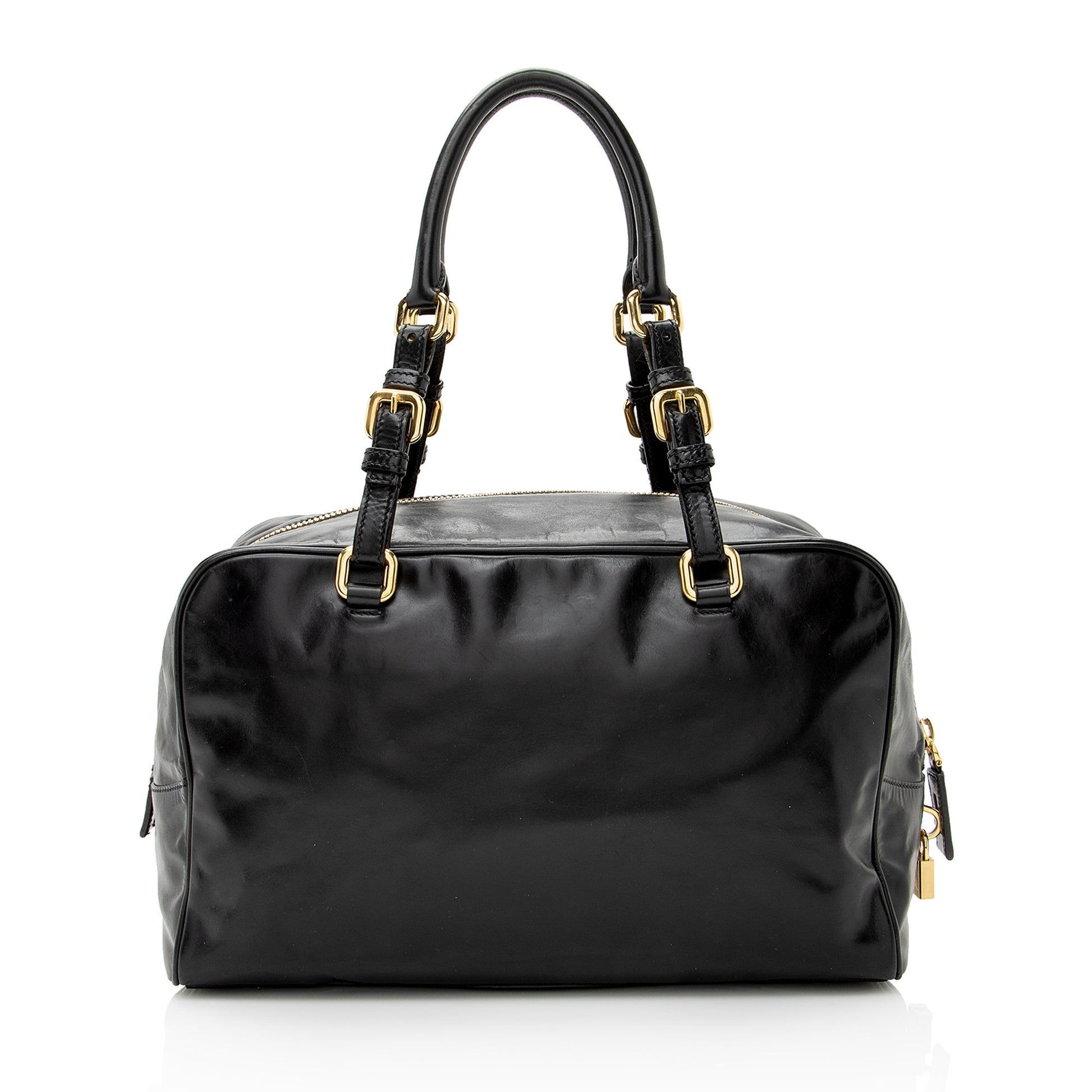 Prada Vitello Daino Spazzolato Logo Medium Bauletto Satchel - Rovelle Bags
