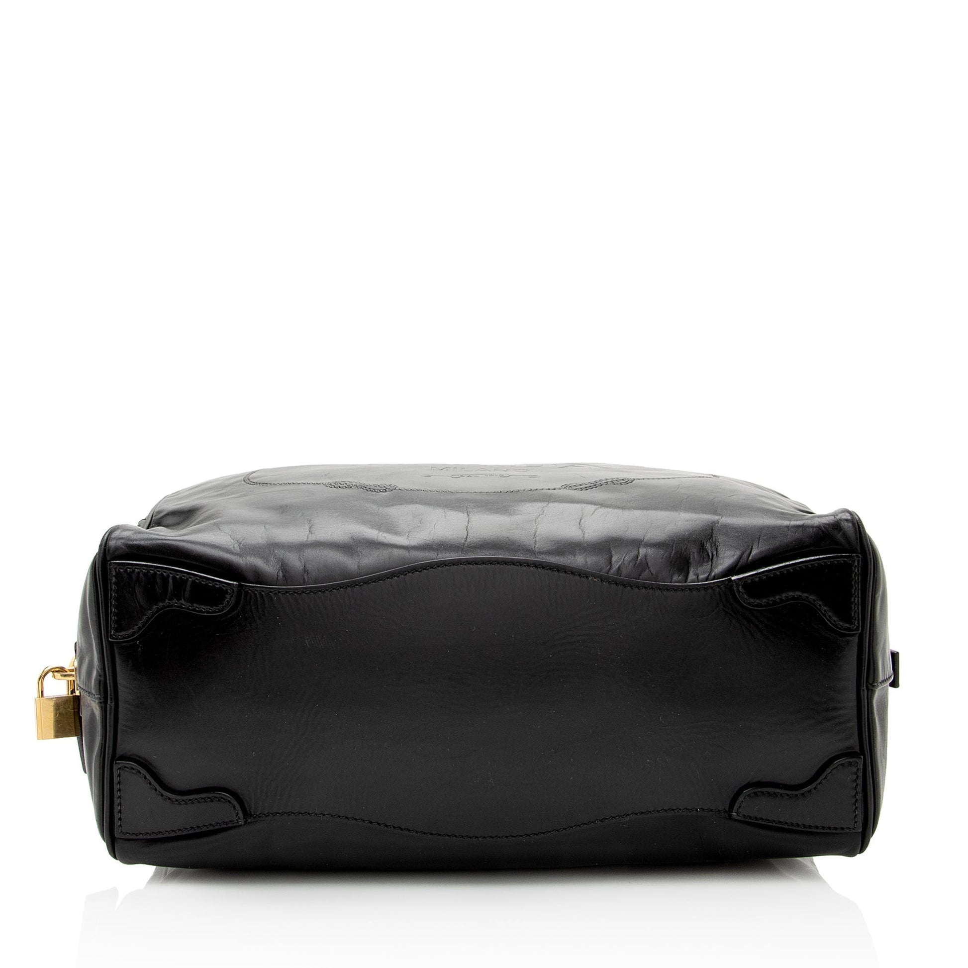 Prada Vitello Daino Spazzolato Logo Medium Bauletto Satchel - Rovelle Bags