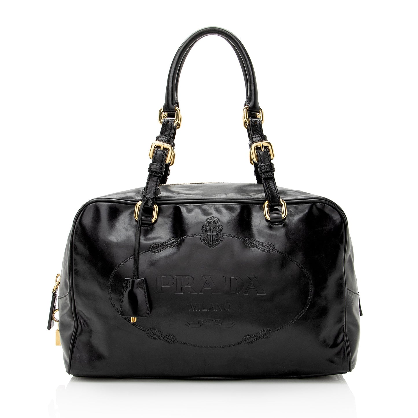 Prada Vitello Daino Spazzolato Logo Medium Bauletto Satchel - Rovelle Bags