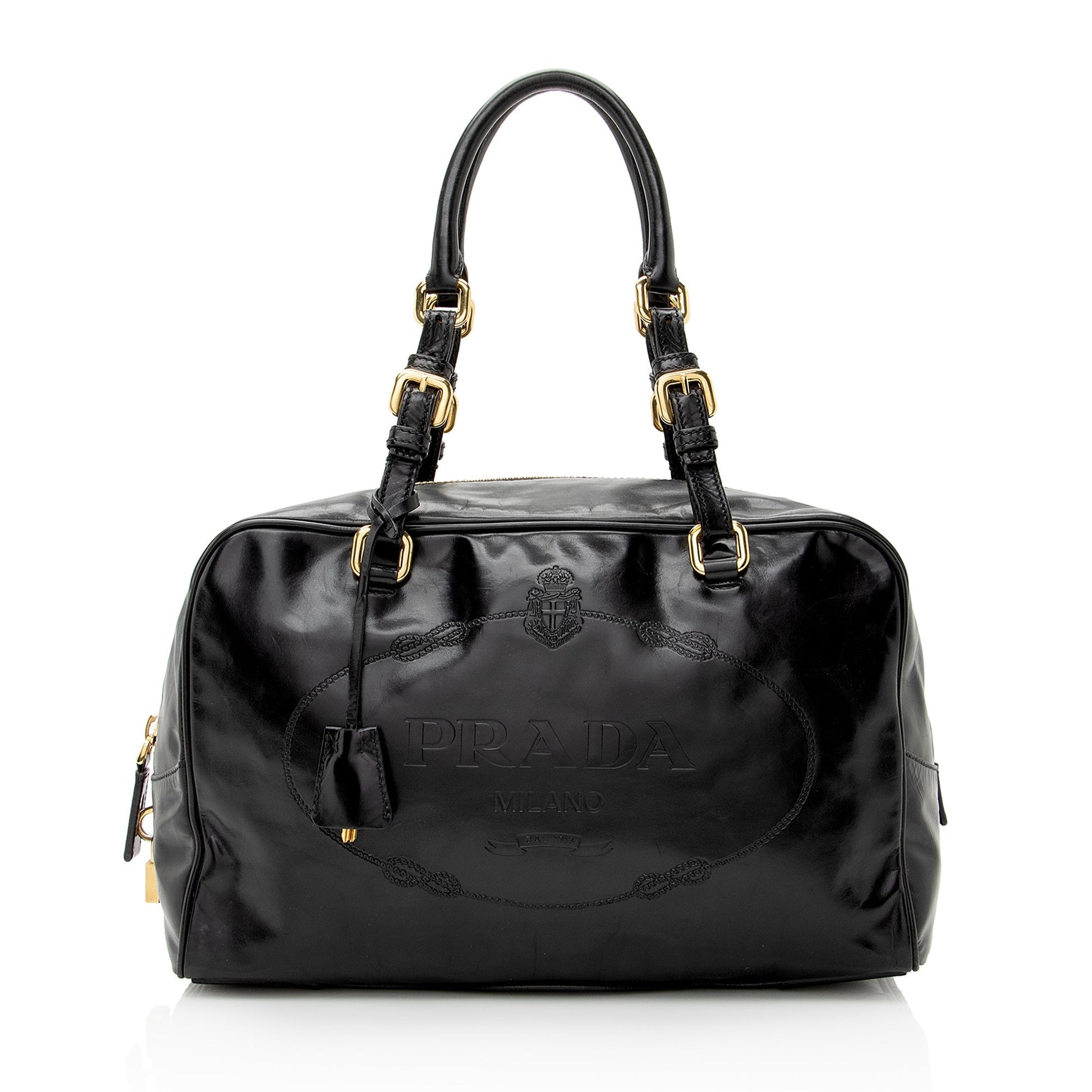 Prada Vitello Daino Spazzolato Logo Medium Bauletto Satchel - Rovelle Bags