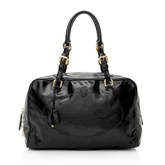 Prada Vitello Daino Spazzolato Logo Medium Bauletto Satchel - Rovelle Bags