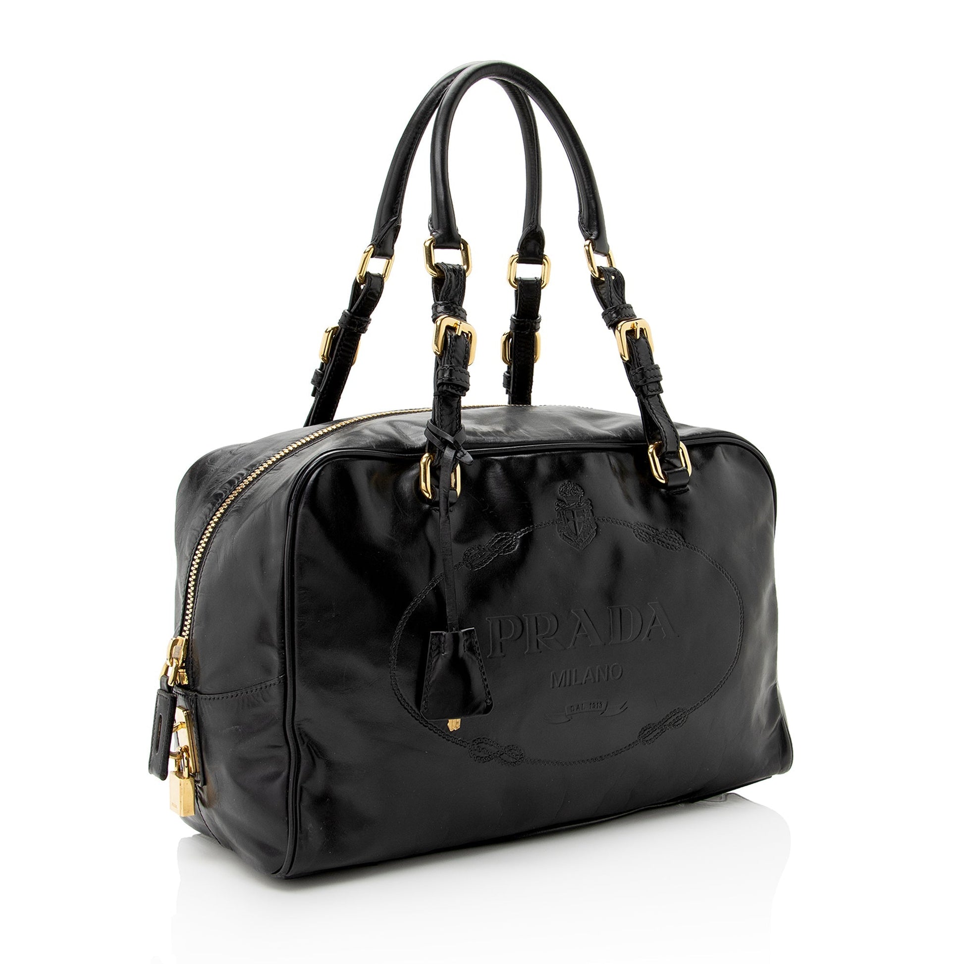Prada Vitello Daino Spazzolato Logo Medium Bauletto Satchel - Rovelle Bags