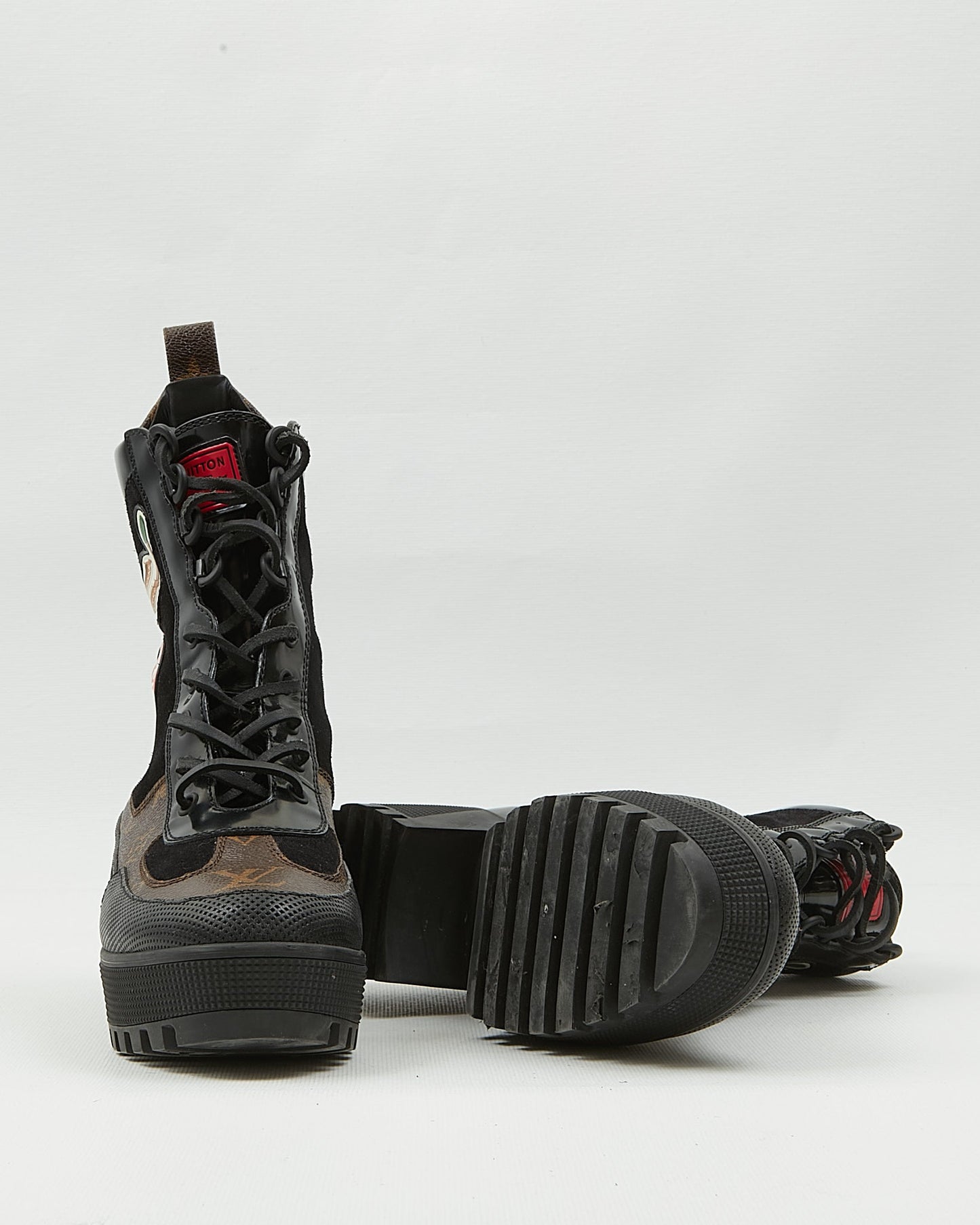 Louis Vuitton Monogram Canvas & Suede Patch Work Mid-Calf Combat Boots - 39