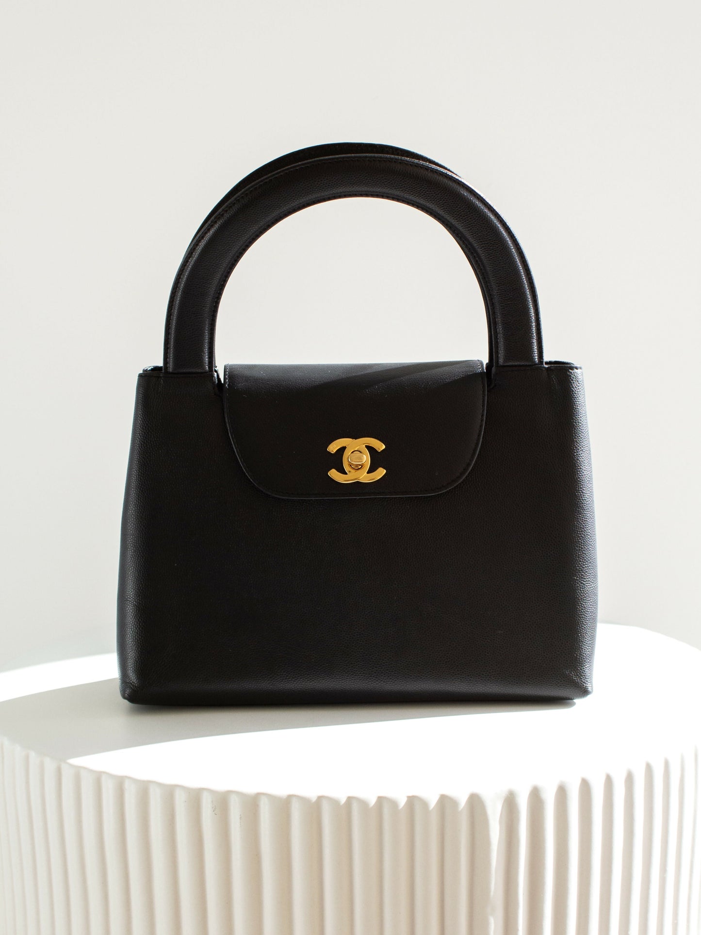 Chanel 1998 Kelly Black Caviar Leather 24K Gold Top Handle Bag