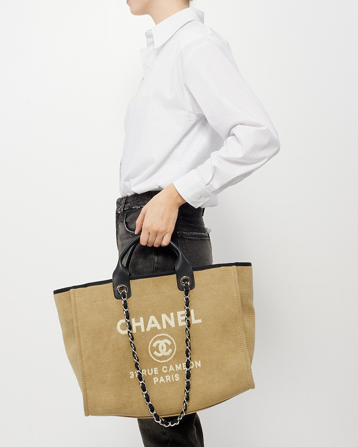 Chanel Beige Canvas Logo Large Deauville Handbag - Rovelle Bags