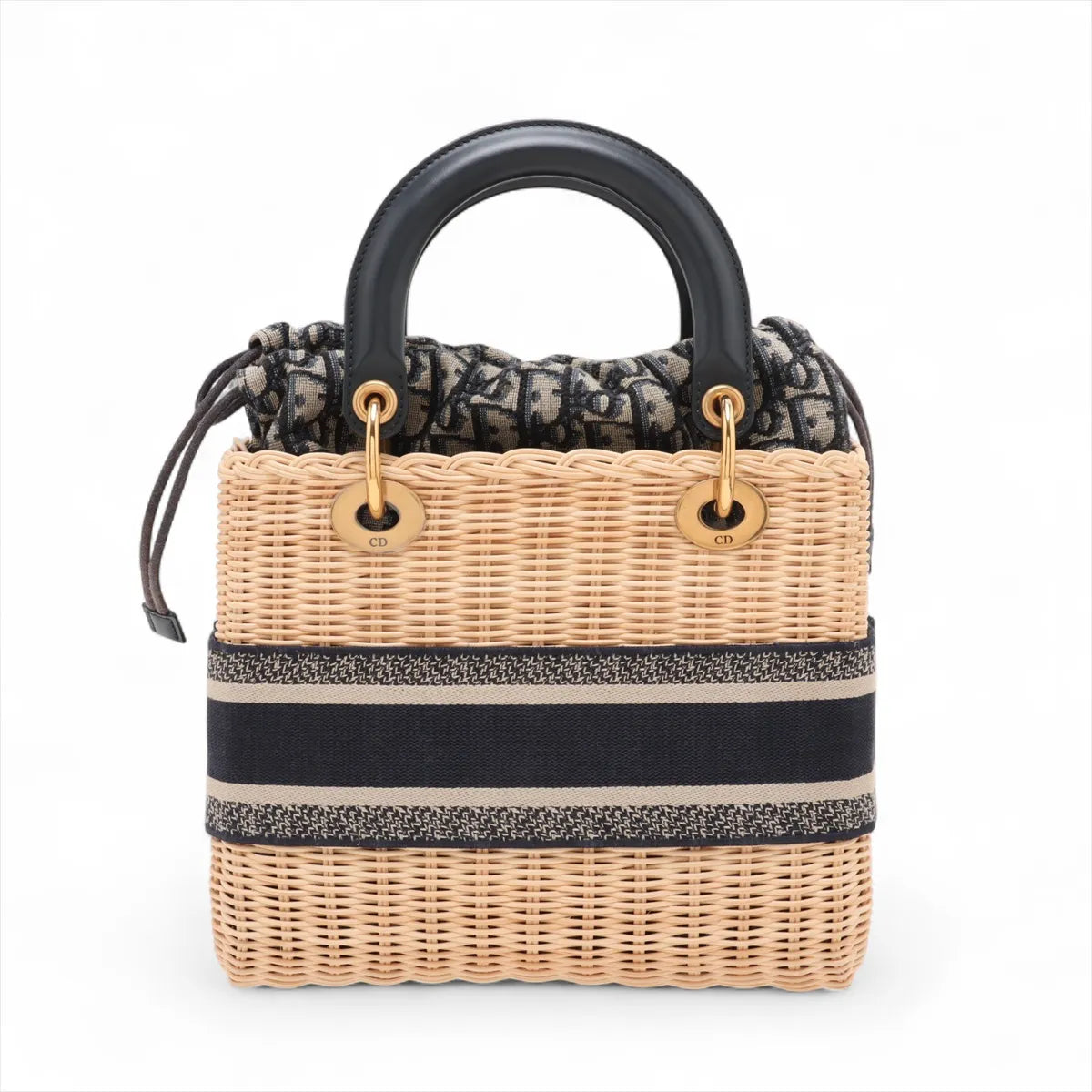 Christian Dior Natural Rattan and Blue Dior Oblique Jacquard Medium Lady Dior Handbag [Clearance Sale]