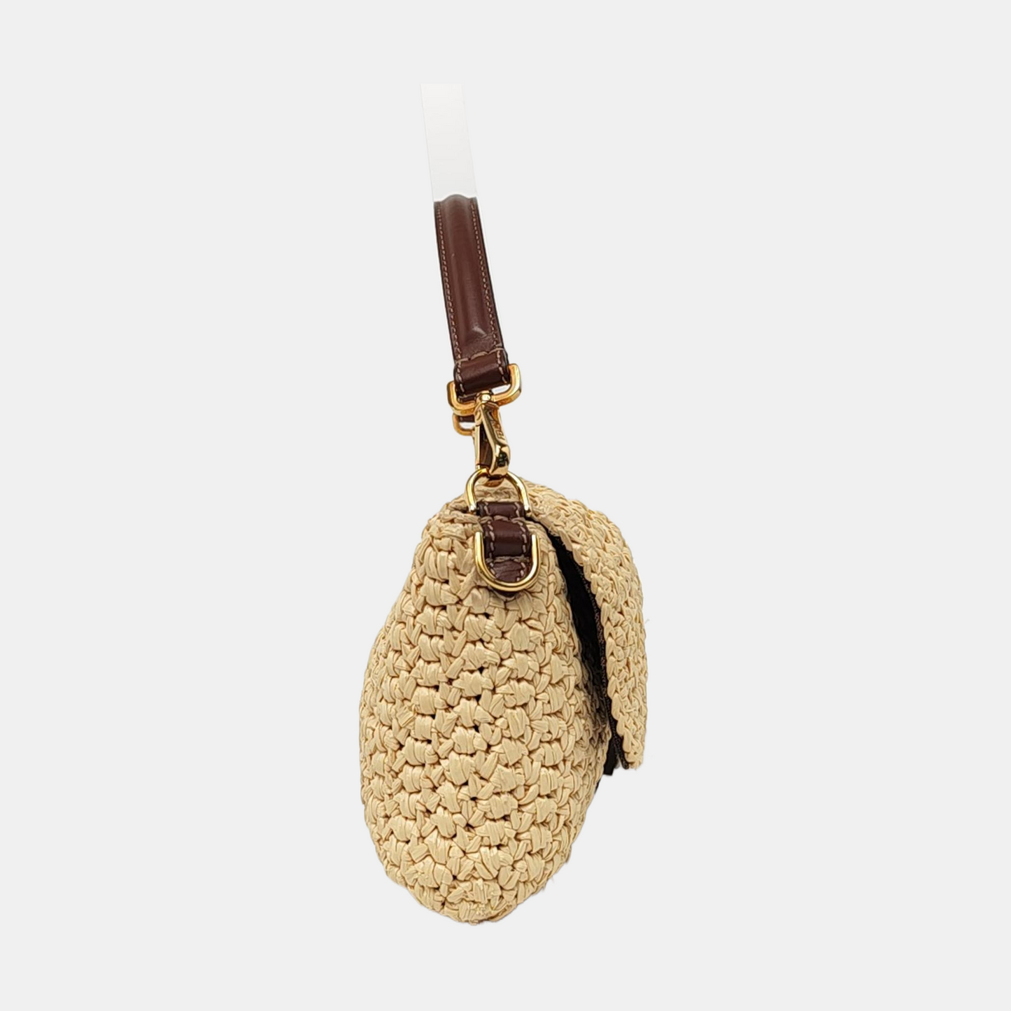 Fendi Baguette Medium Beige Raffia Brown Leather Crossbody Bag