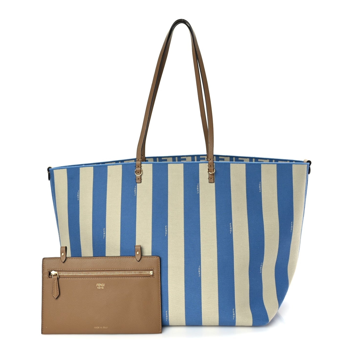 Fendi Pequin Stripe FF Large Roll Tote Cerulean Blue Sand Beige