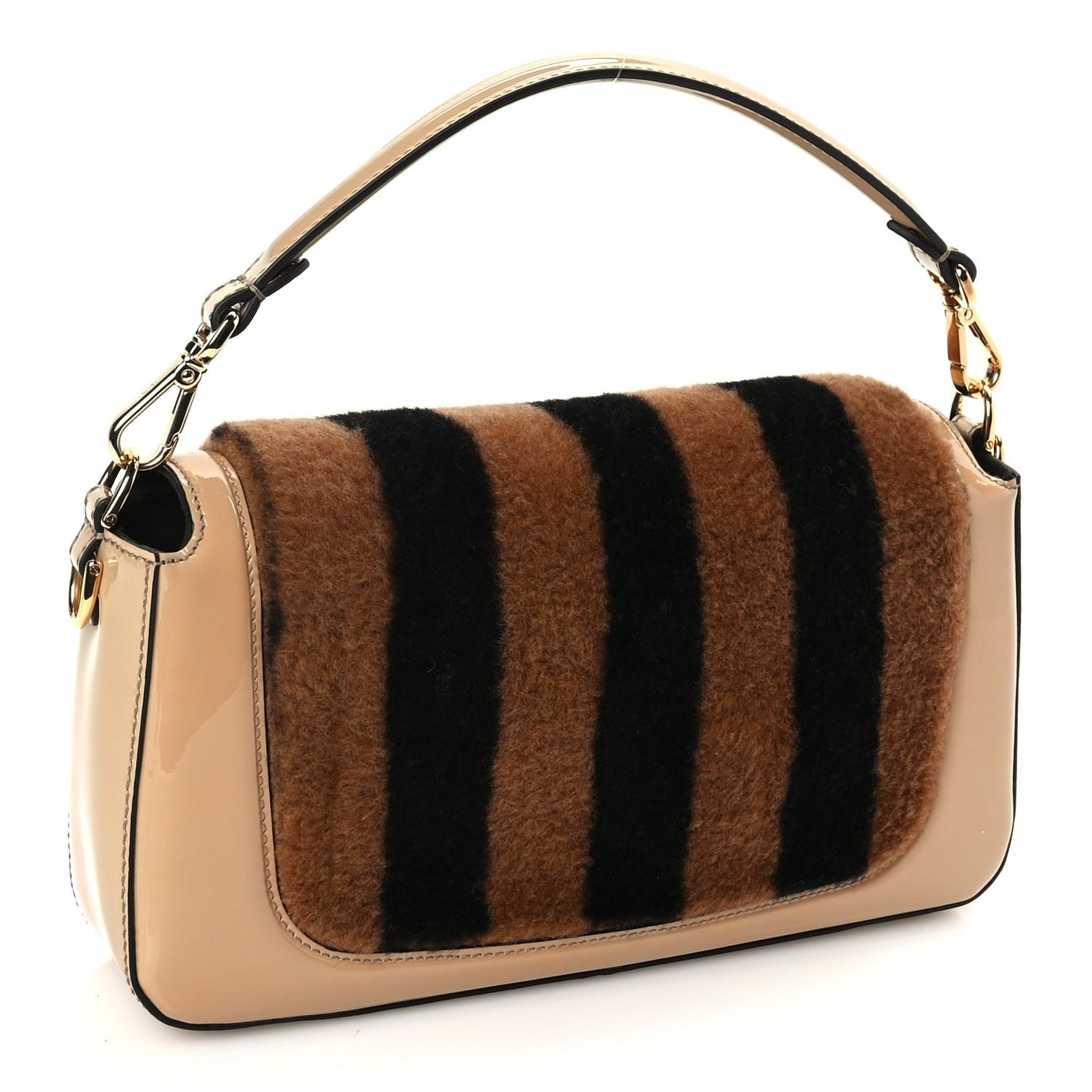 Fendi Shearling Vitello Vernice Mou Pequin Striped Baguette Tobacco Black Tortora