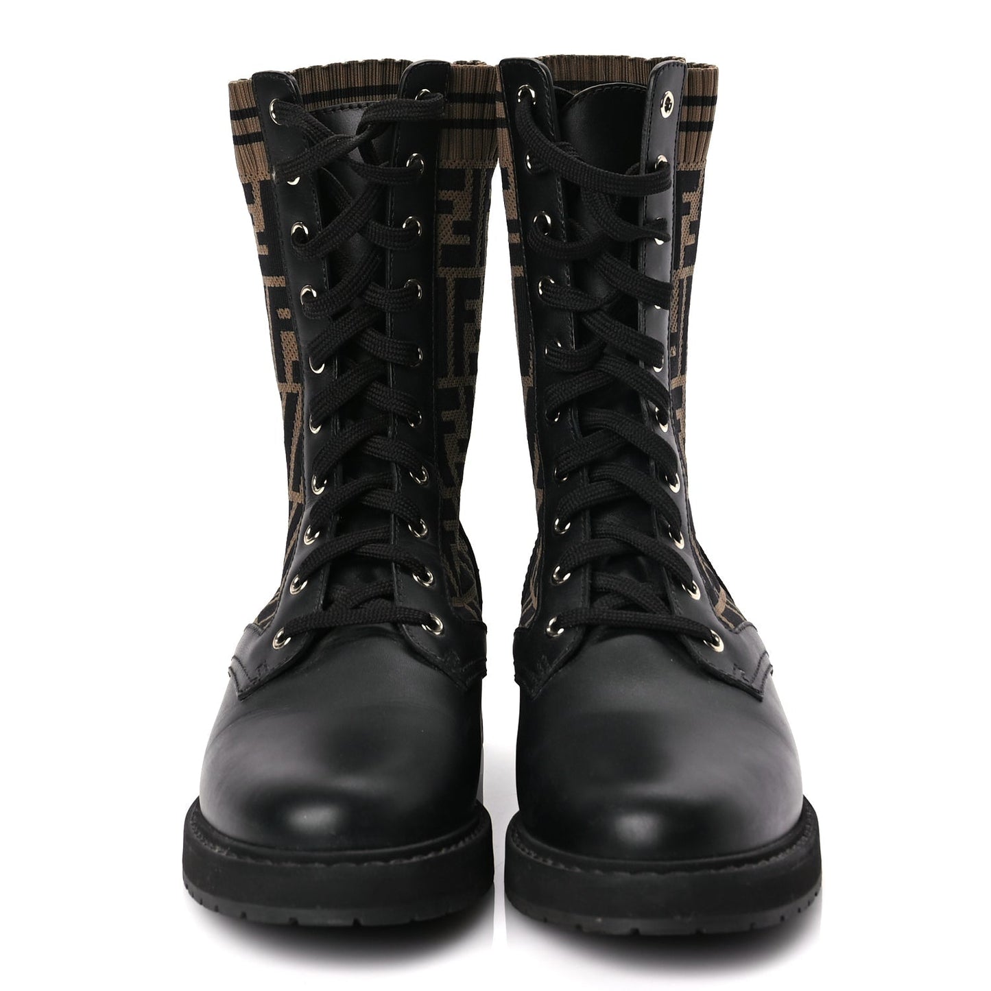 Fendi Calfskin Stretch Fabric FF Rockoko Biker Boots 40.5 Black Tobacco
