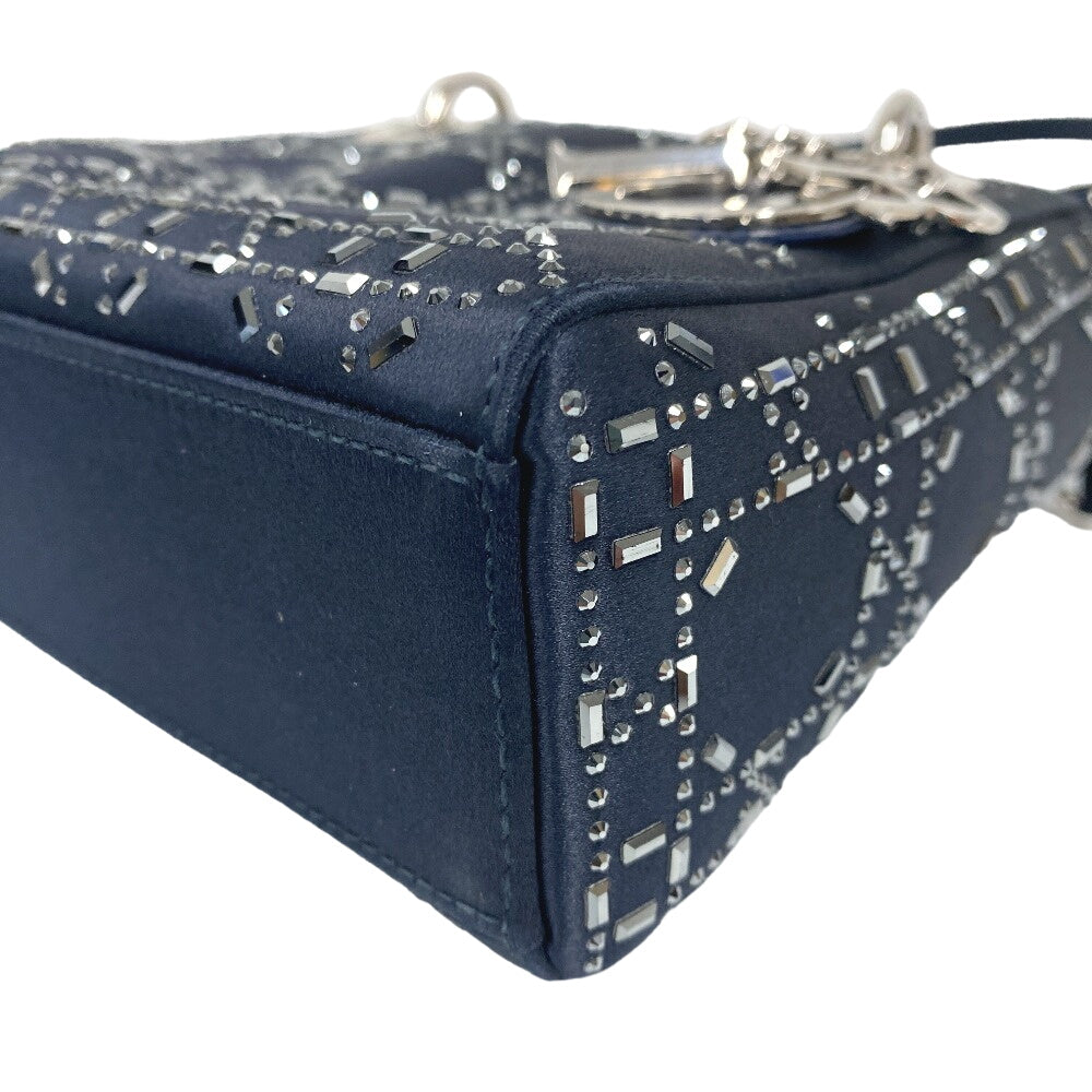 Christian Dior Shoulder Bag Satin black Lady Dior 2WAY handbag Rhinestone mini cannage Women
