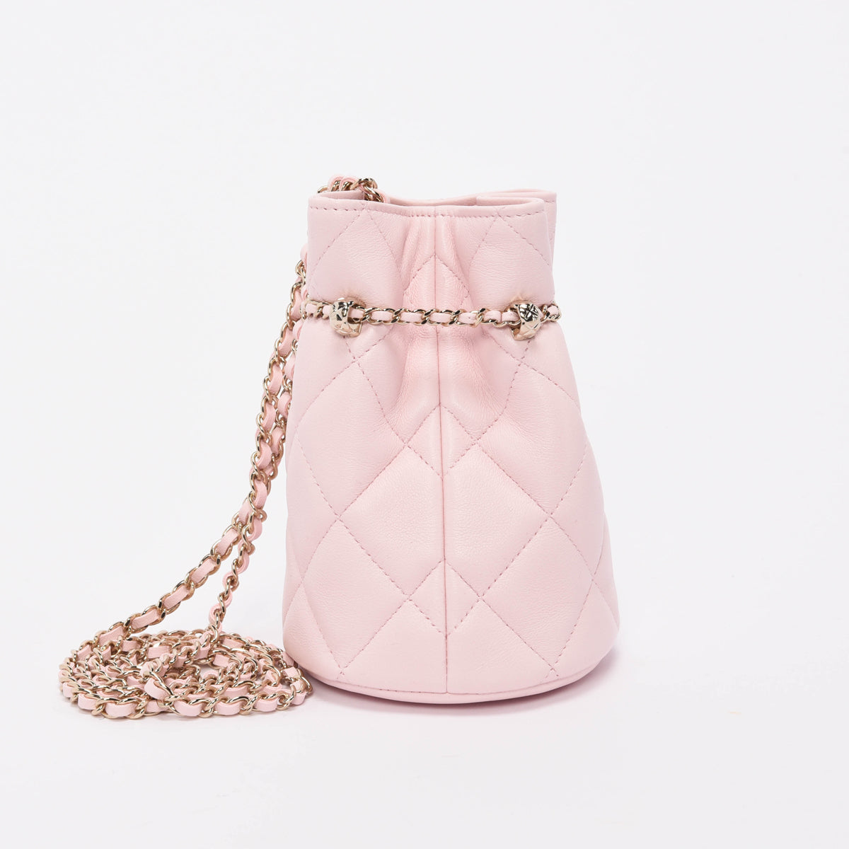Chanel Light Pink Quilted Calfskin Nano Bucket Bag - Rovelle Bags