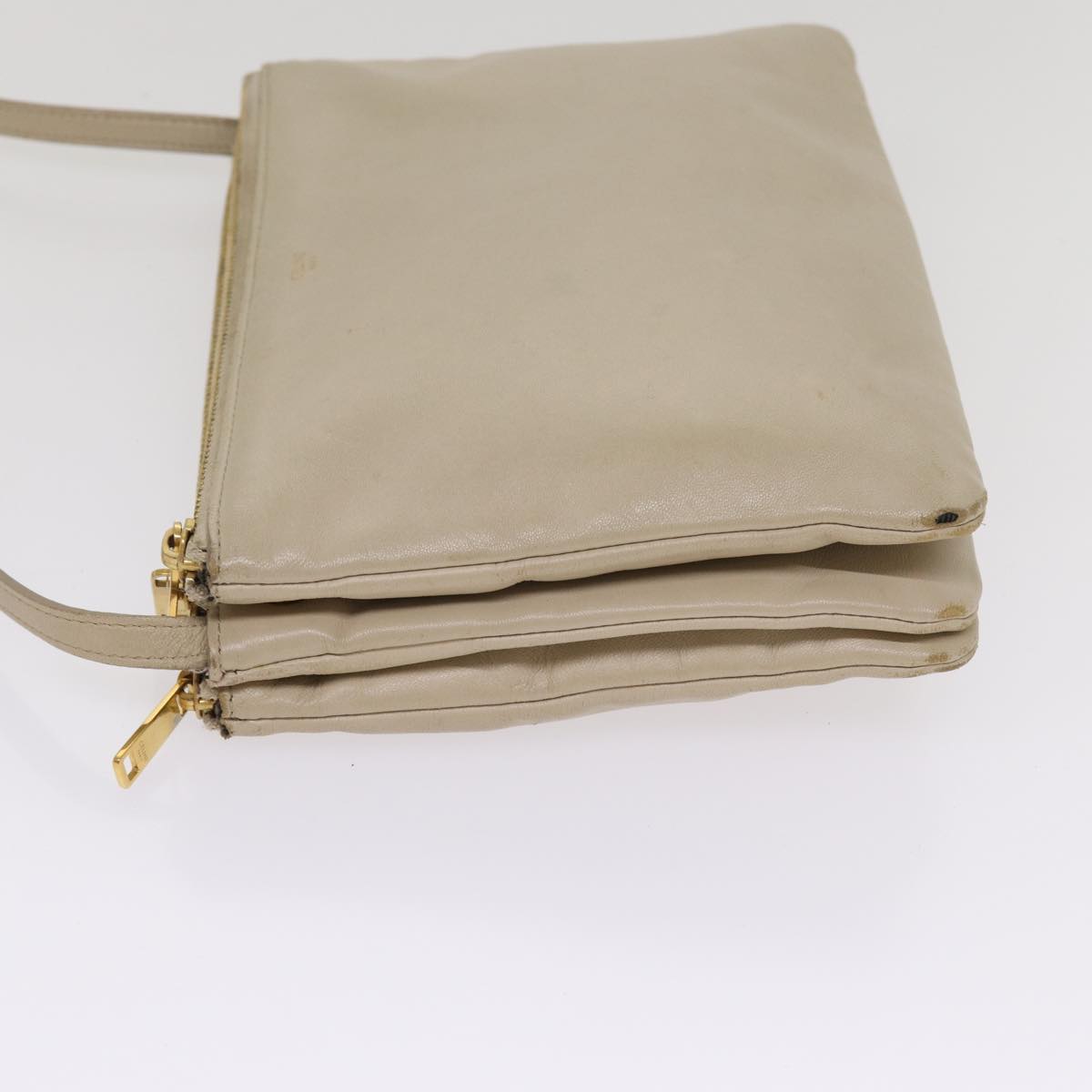 Luxury CELINE Trio Shoulder Bag Leather Beige Gold Auth ac3212