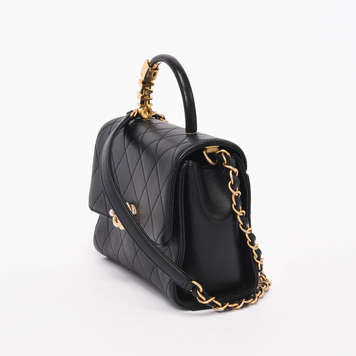 Chanel Black Calfskin Pearl Logo Top Flap Bag - Rovelle Bags