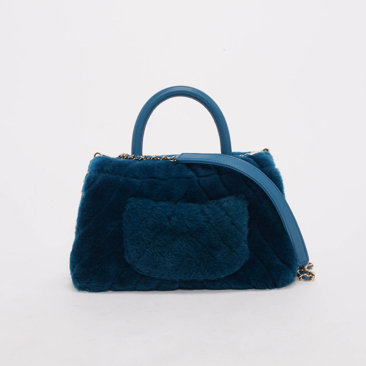 Chanel Teal Shearling Small Coco Handle Handbag - Rovelle Bags