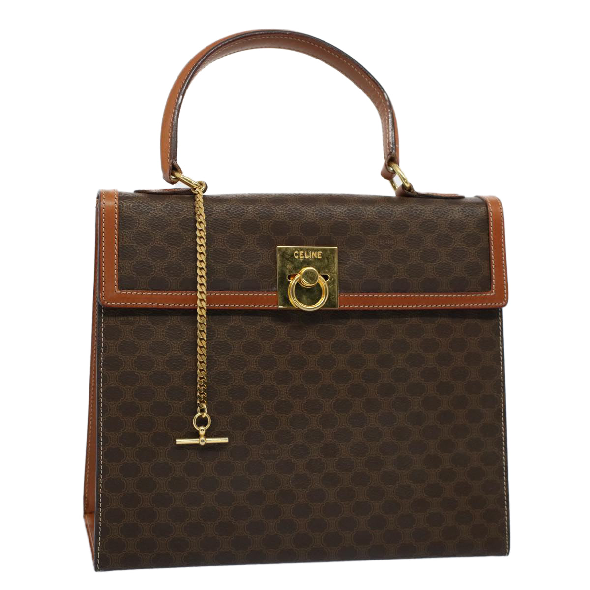 Luxury CELINE Macadam Canvas Hand Bag PVC Leather Brown ar10248