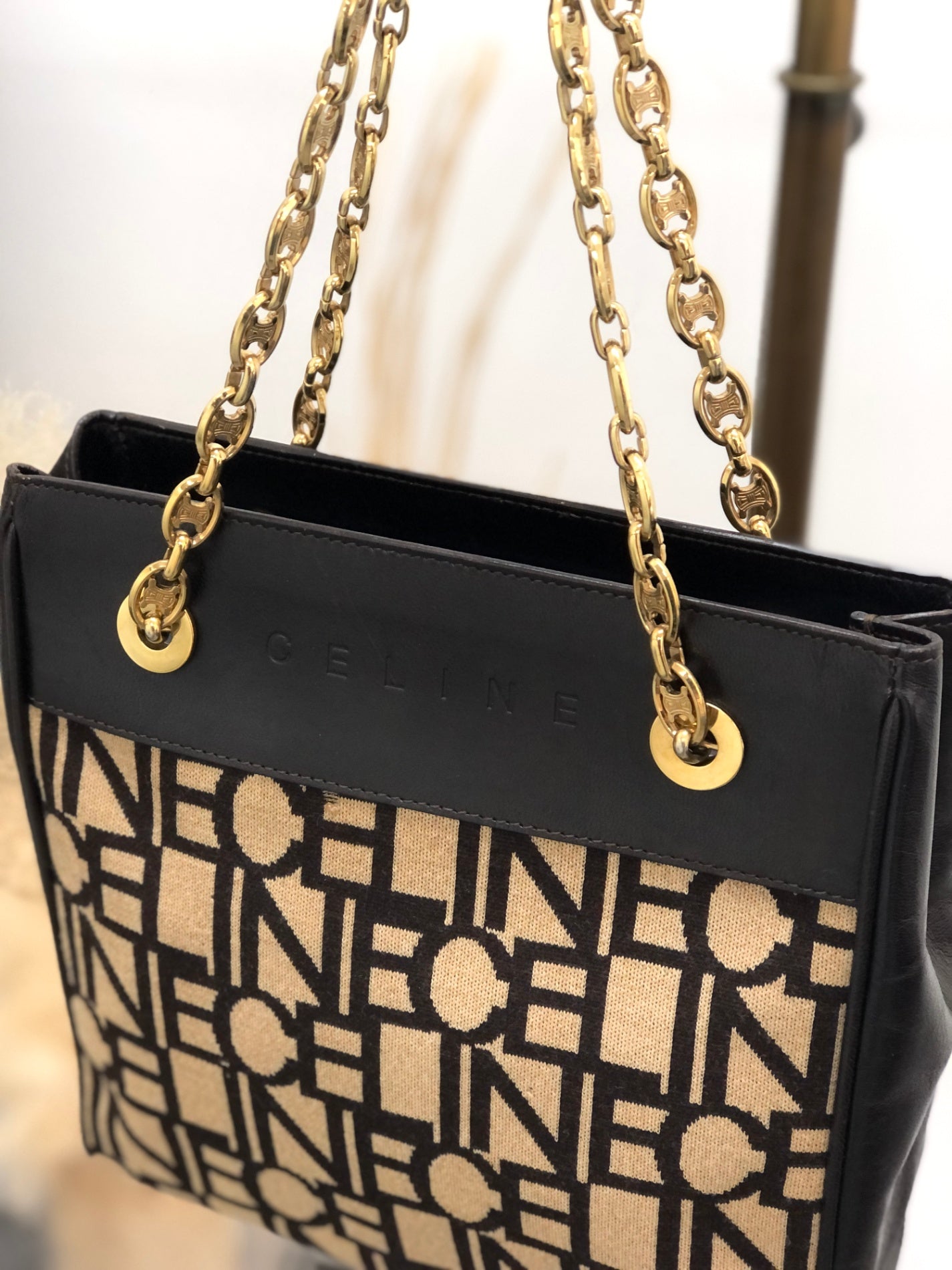 CELINE Logo Embroidery Chain Handbag Brown