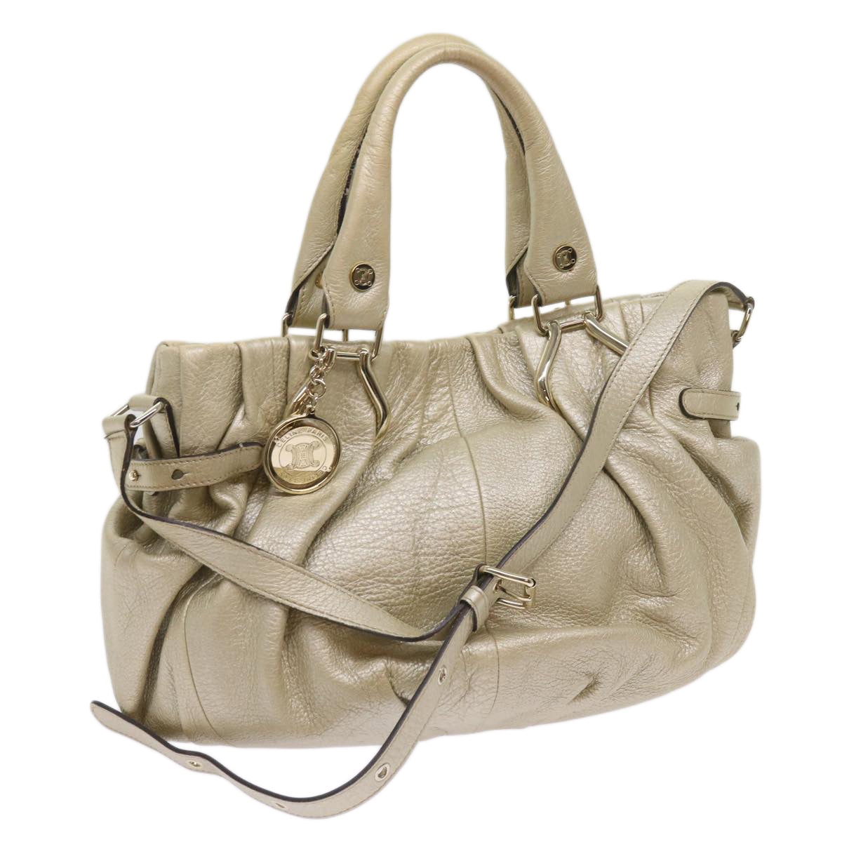 Luxury CELINE Hand Bag Leather 2way Gold Tone 11844