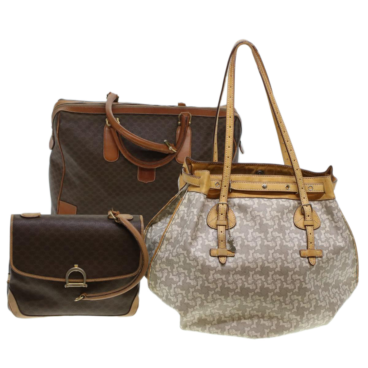 Luxury CELINE Macadam Canvas Hand Bag Boston Bag PVC Leather 3Set Beige 5171