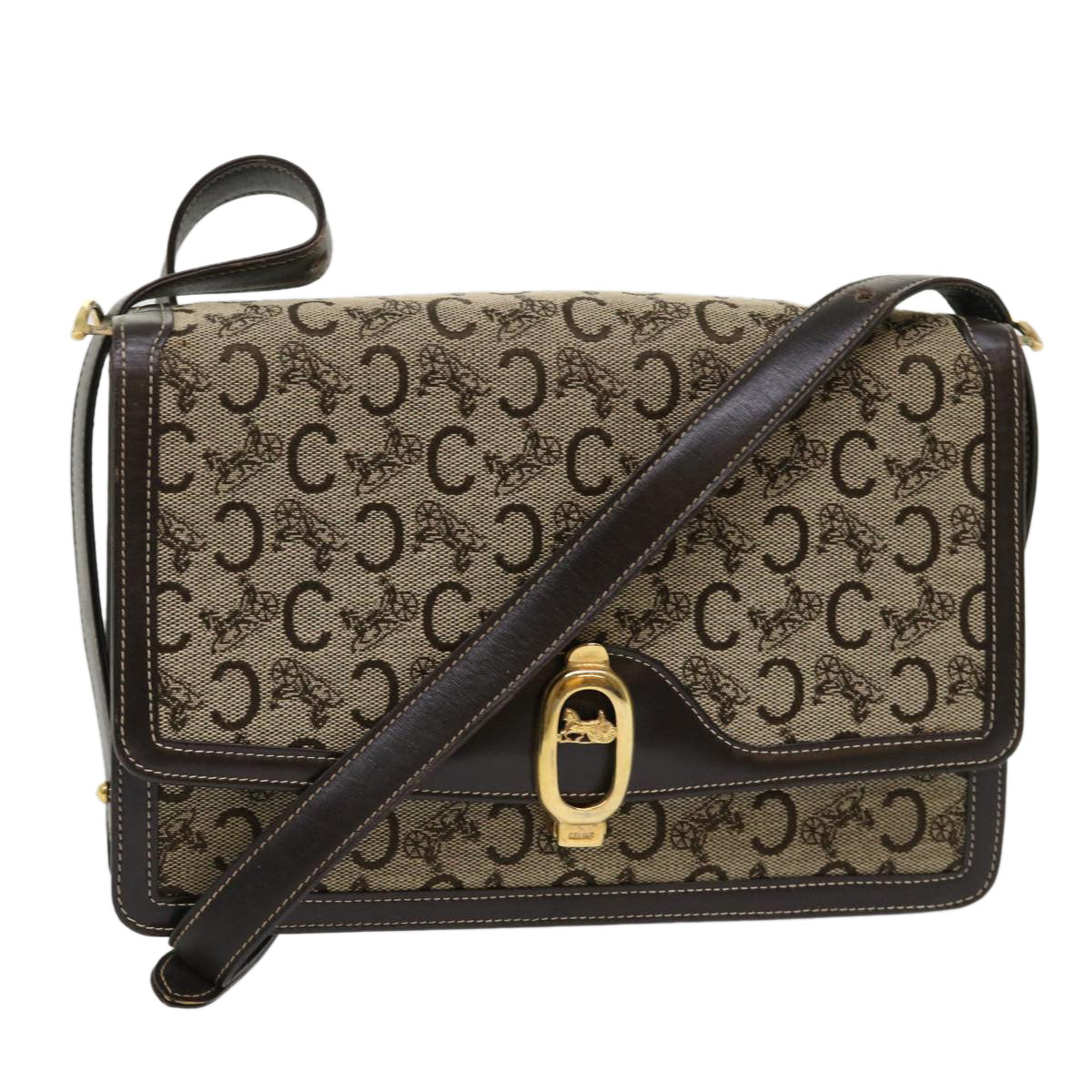 Luxury CELINE C Macadam Canvas Shoulder Bag Canvas Leather Beige Dark Brown 6694