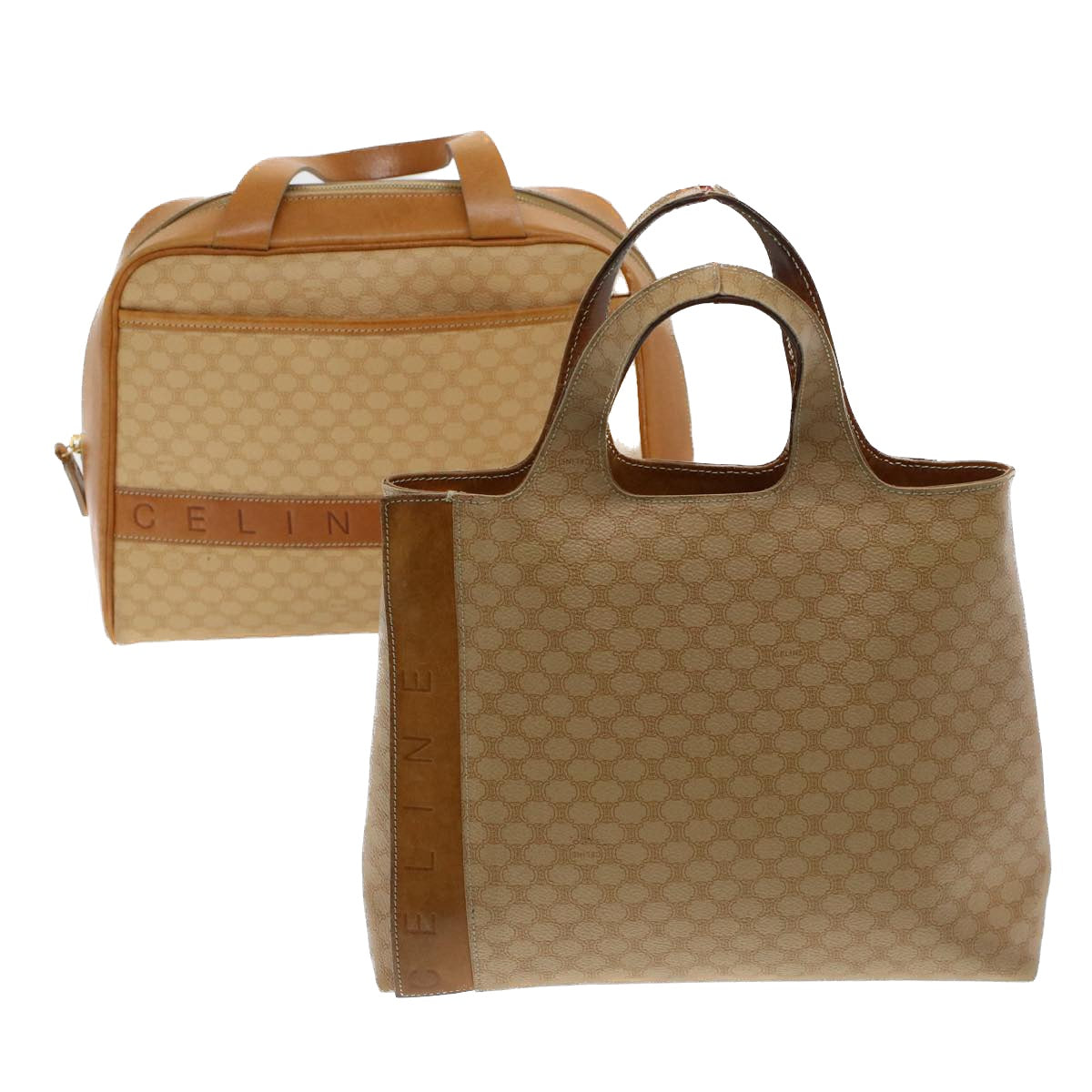 Luxury CELINE Macadam Canvas Hand Bag PVC Leather 2Set Beige Brown 7502