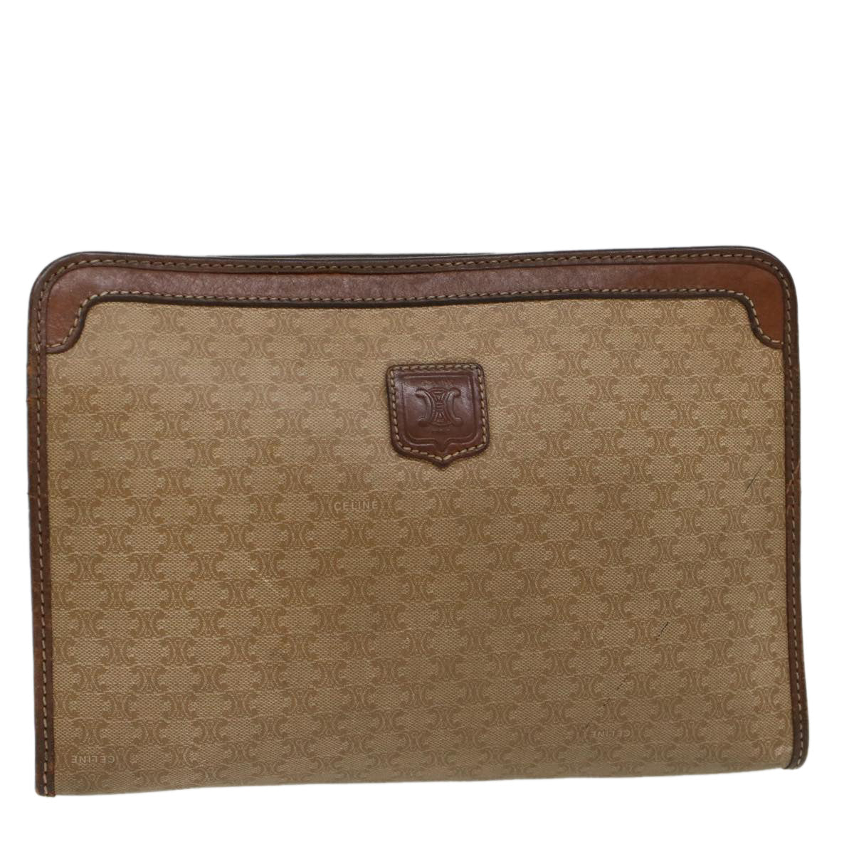Luxury CELINE Macadam Canvas Clutch Bag Leather Beige 7544