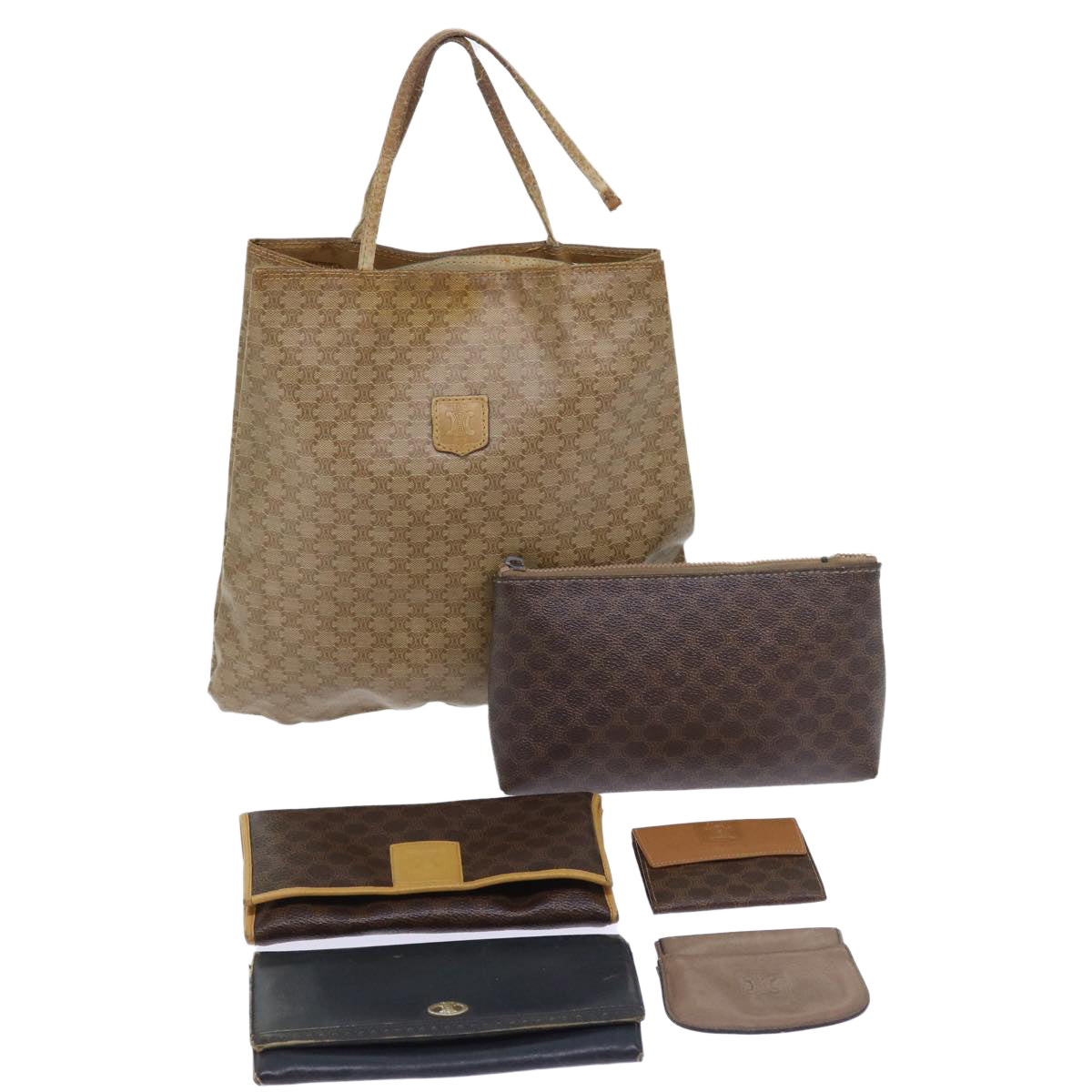 Luxury CELINE Macadam Canvas Pouch Wallet 6Set Brown Beige 9199