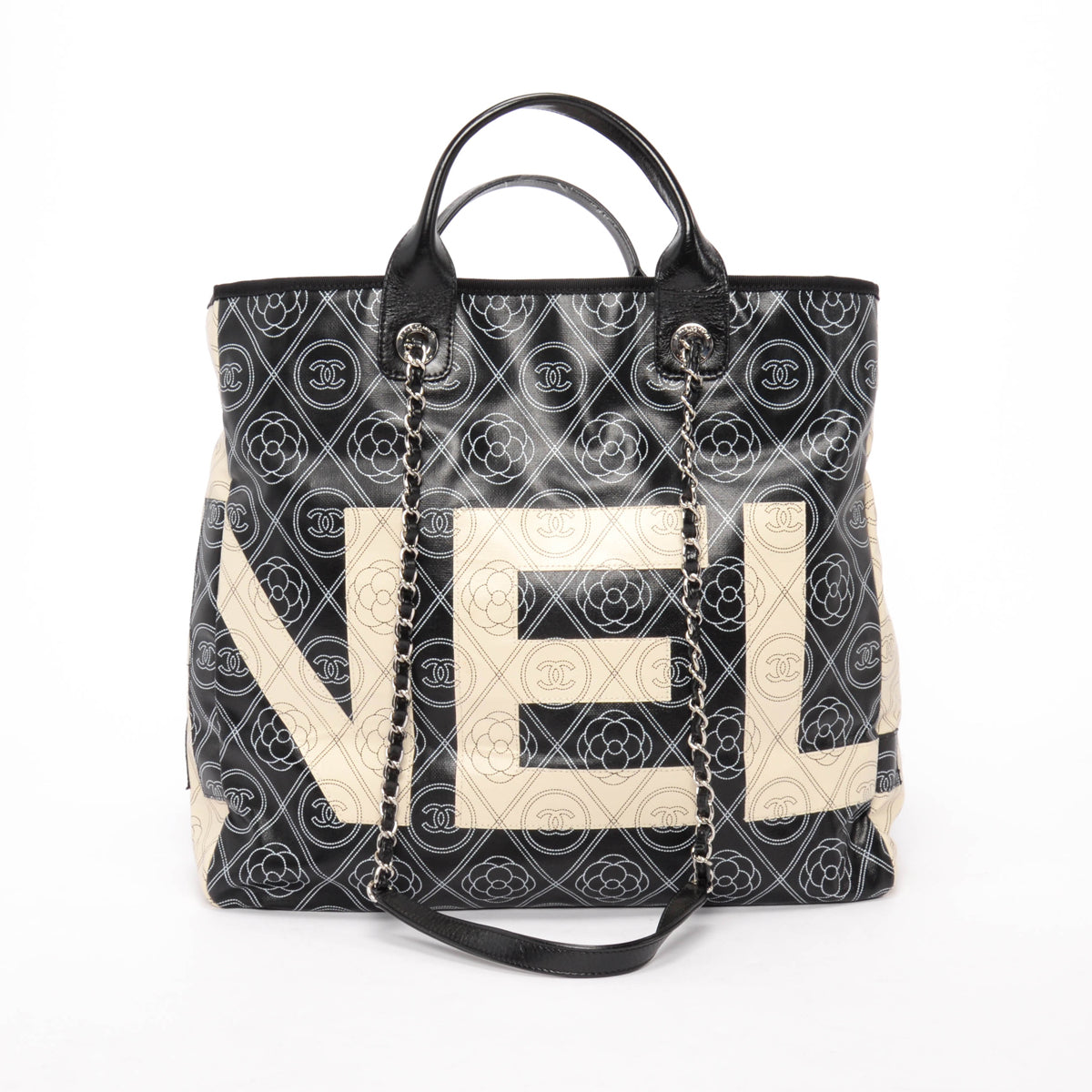 Chanel Black & Ivory Coated Canvas Tote Bag - Rovelle Bags