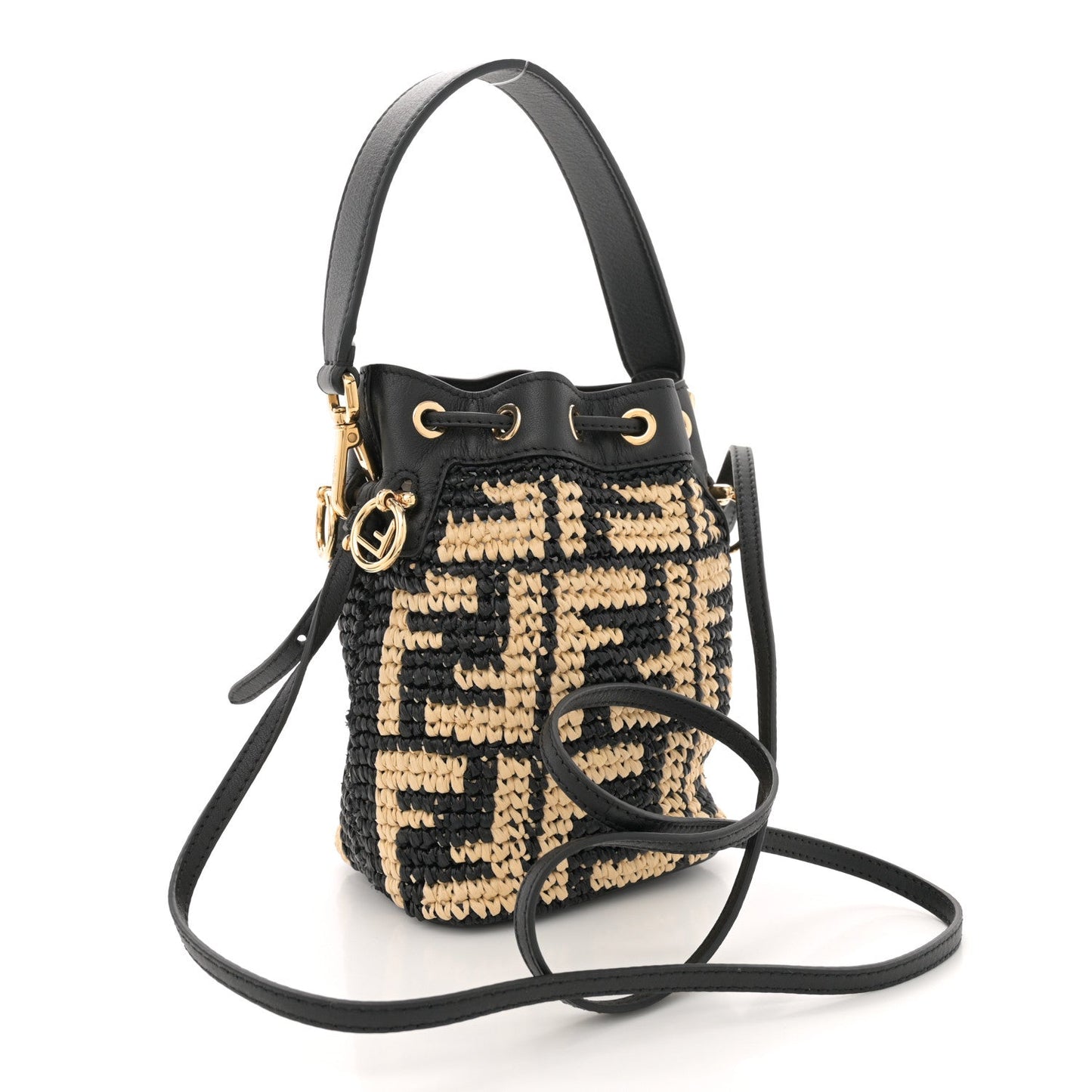 Fendi Raffia Vitello Seta F is FF Woven Mini Mon Tresor Bucket Bag Black Natural