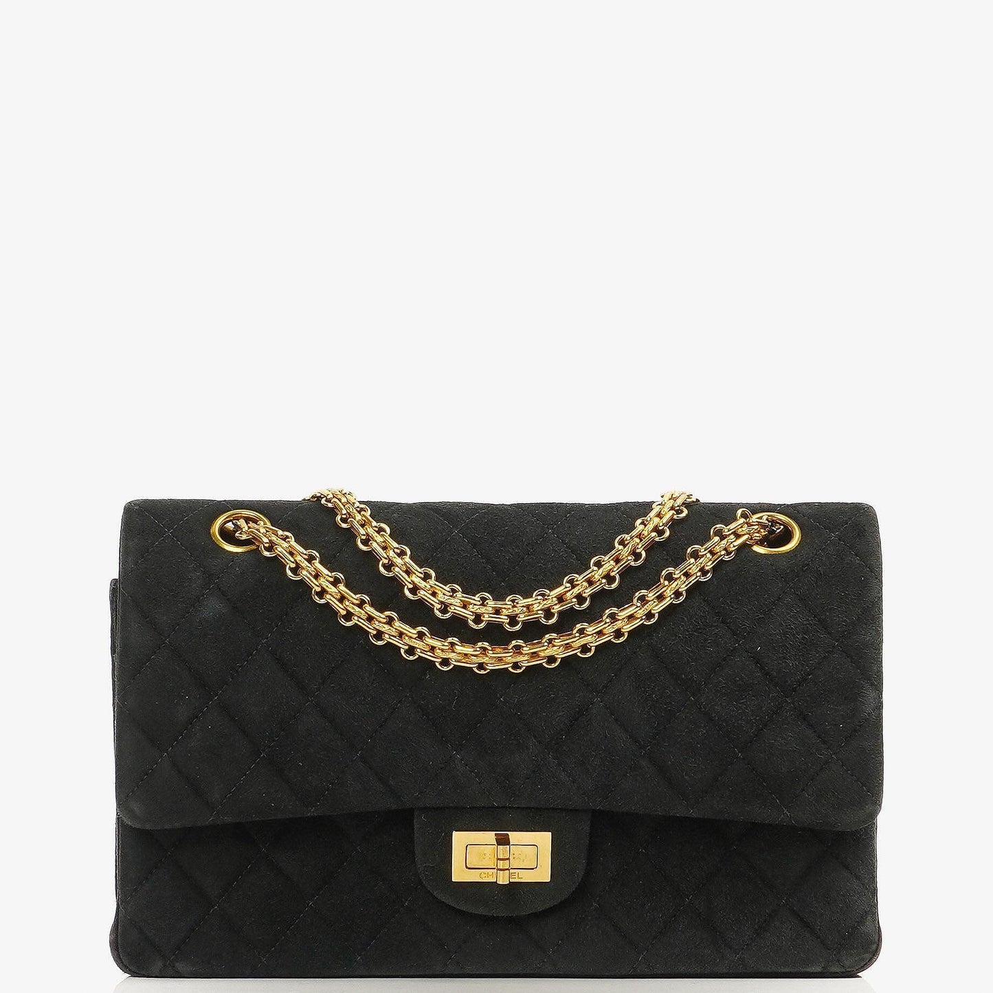 Chanel 2.55 Medium Classic Double Flap Bag Black Quilted Suede Gold Hardware