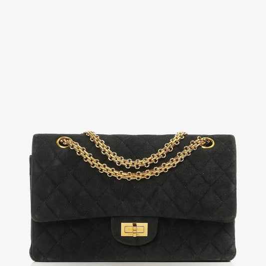 Chanel 2.55 Medium Classic Double Flap Bag Black Quilted Suede Gold Hardware