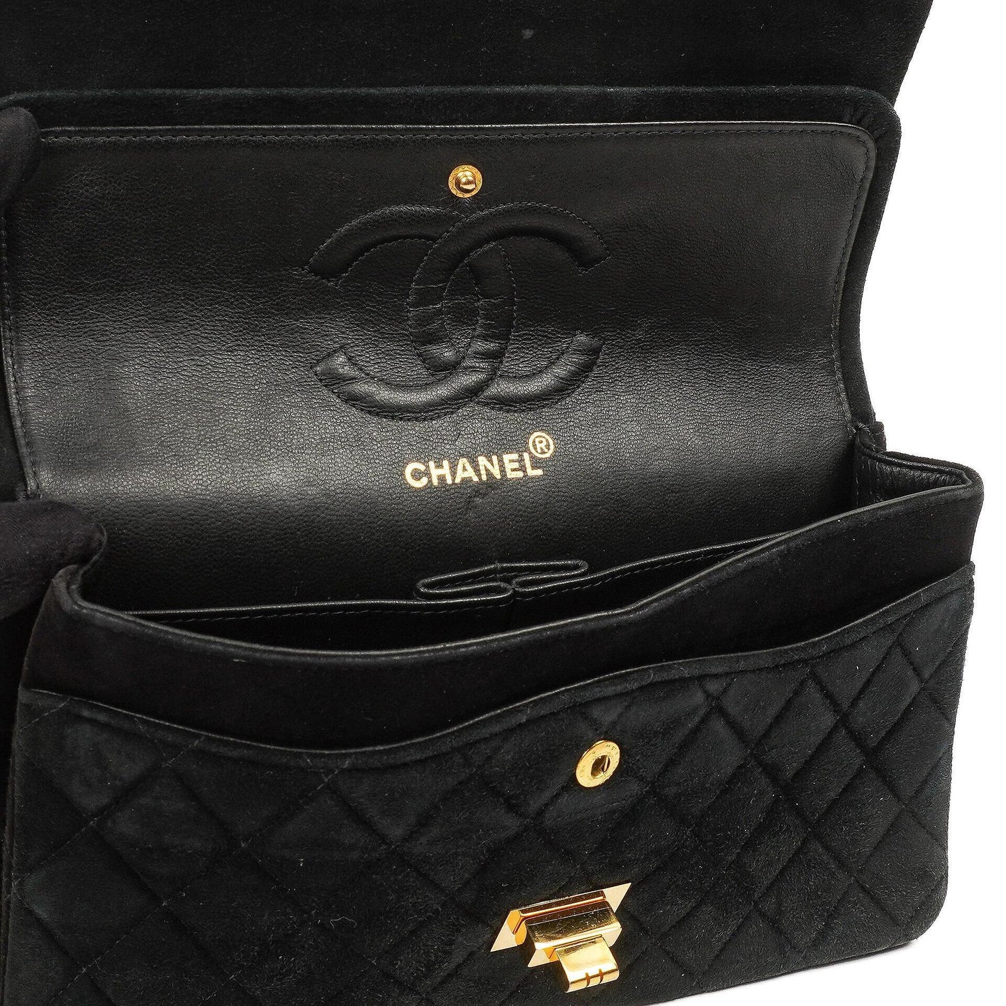 Chanel 2.55 Medium Classic Double Flap Bag Black Quilted Suede Gold Hardware