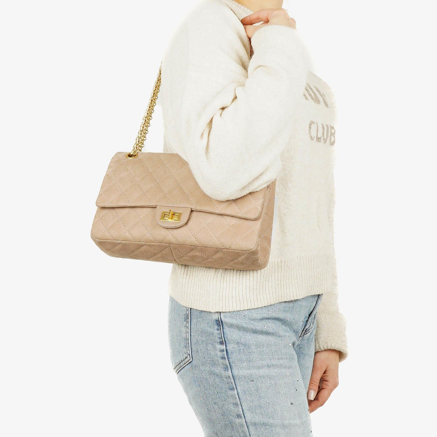 Chanel 2.55 Reissue 227 Flap Bag Beige Quilted Caviar With Gold-Tone Hardware