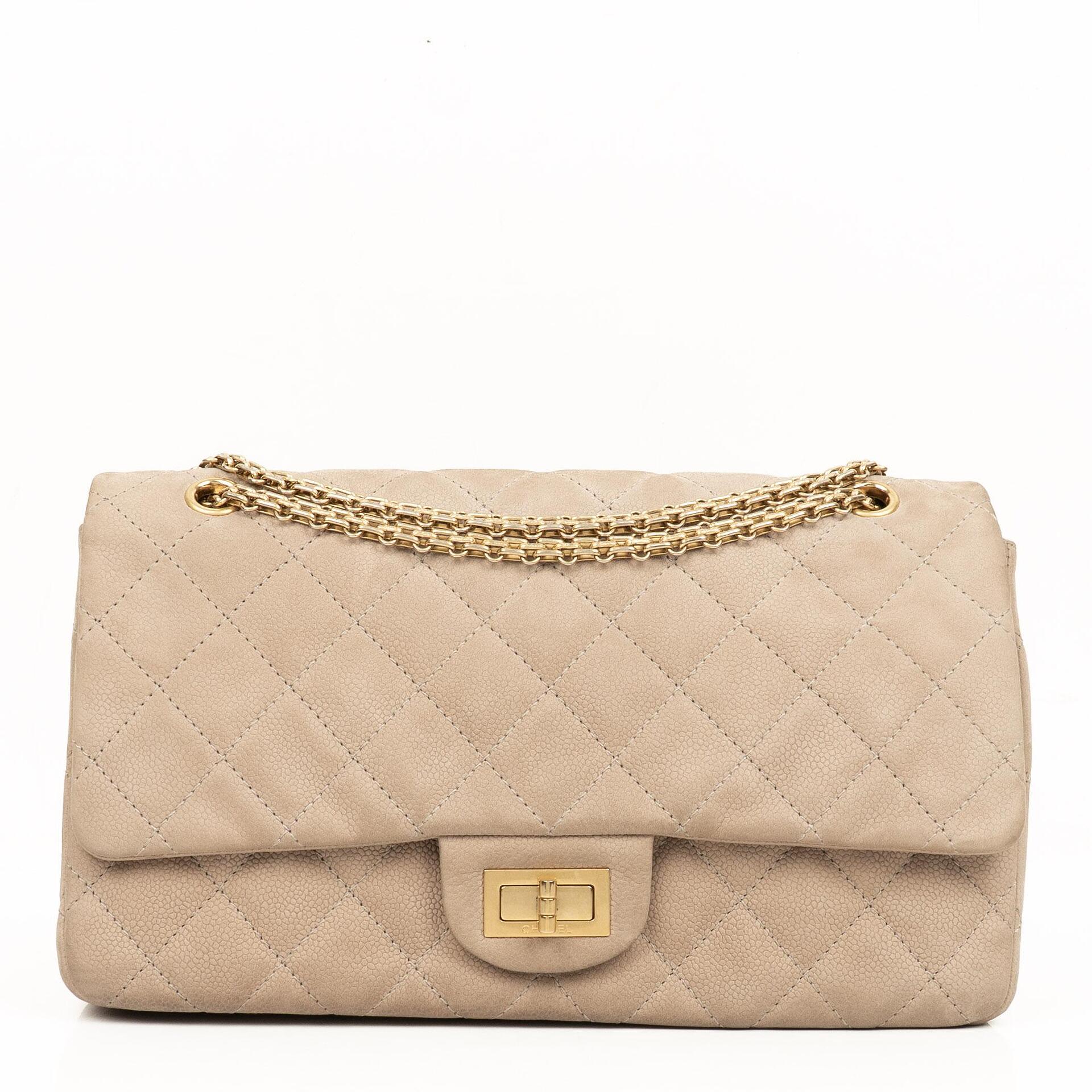 Chanel 2.55 Reissue 227 Jumbo Flap Bag Beige Quilted Caviar With Gold-Tone Hardware
